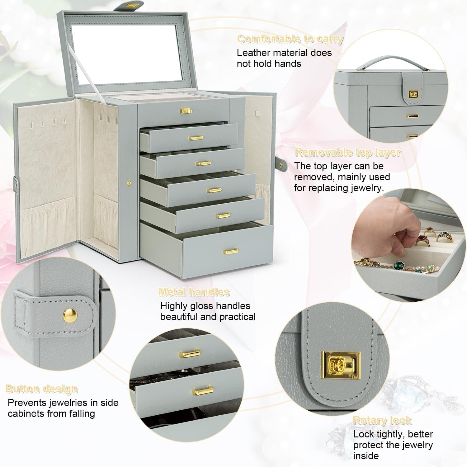 Elegant 5-Drawer Jewelry Organizer with Mirror - Dustproof Leather Storage