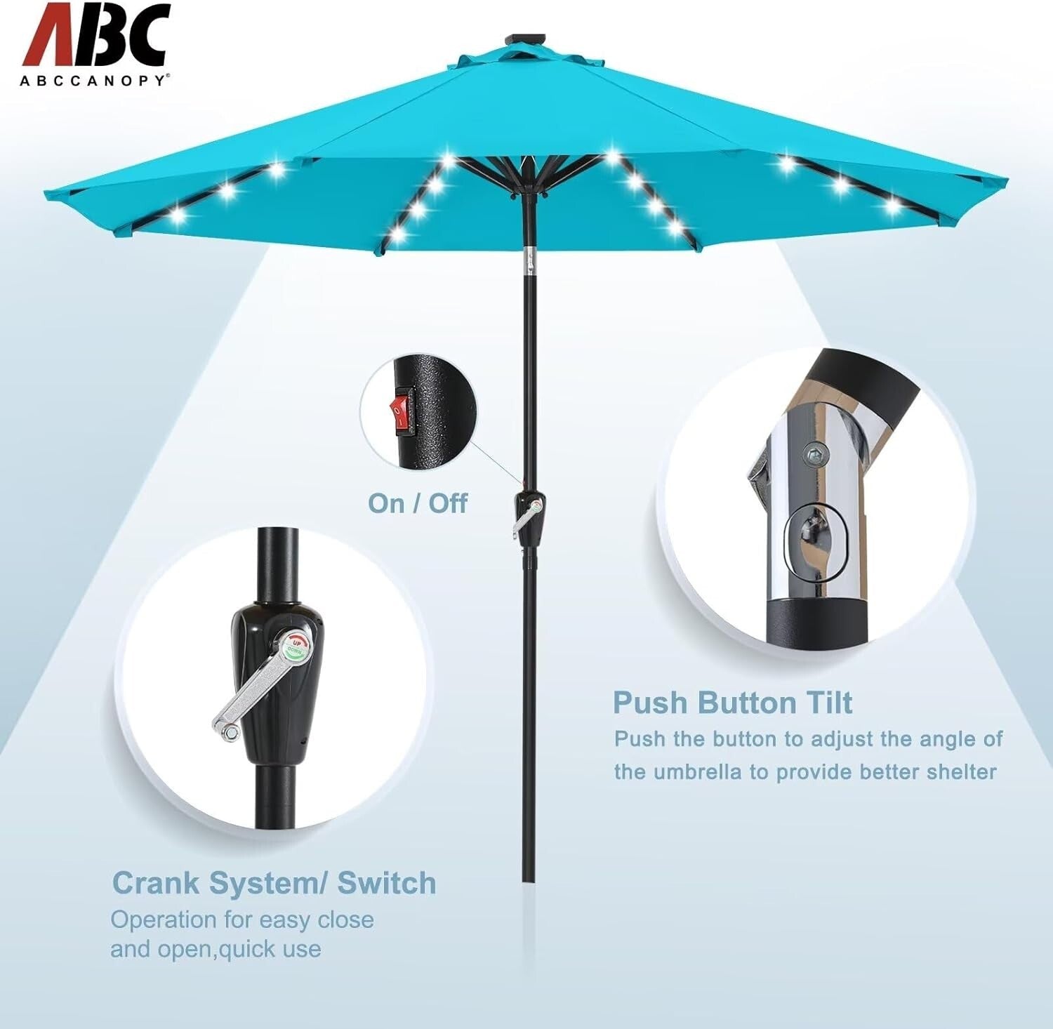 Durable 9FT Turquoise Solar LED Patio Umbrella with 32 Lights - Elegant Shade