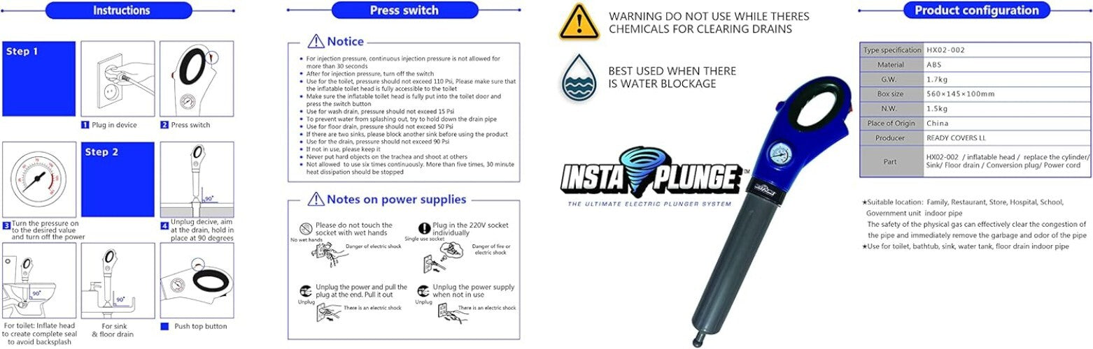 Electric Drain & Toilet Unclogger - Multi-Head InstaPlunge System for Home Use