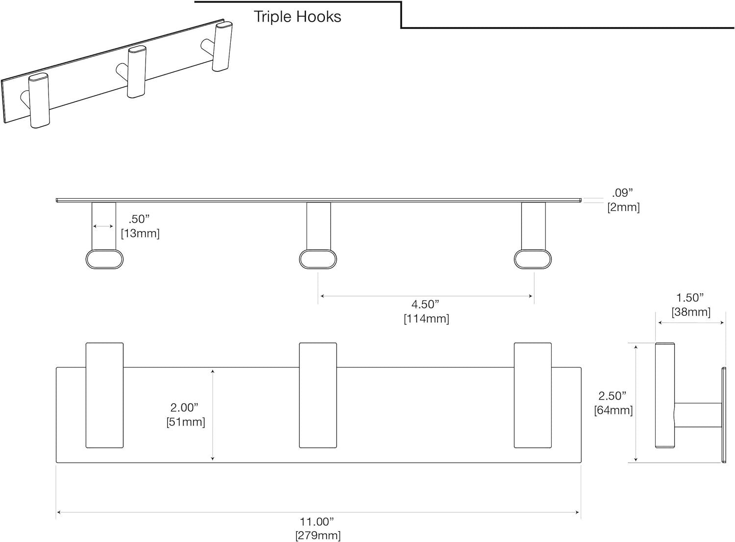 Durable Rust-Resistant Chrome Bathroom Hook - 11" Wall Mounted Triple Hooks