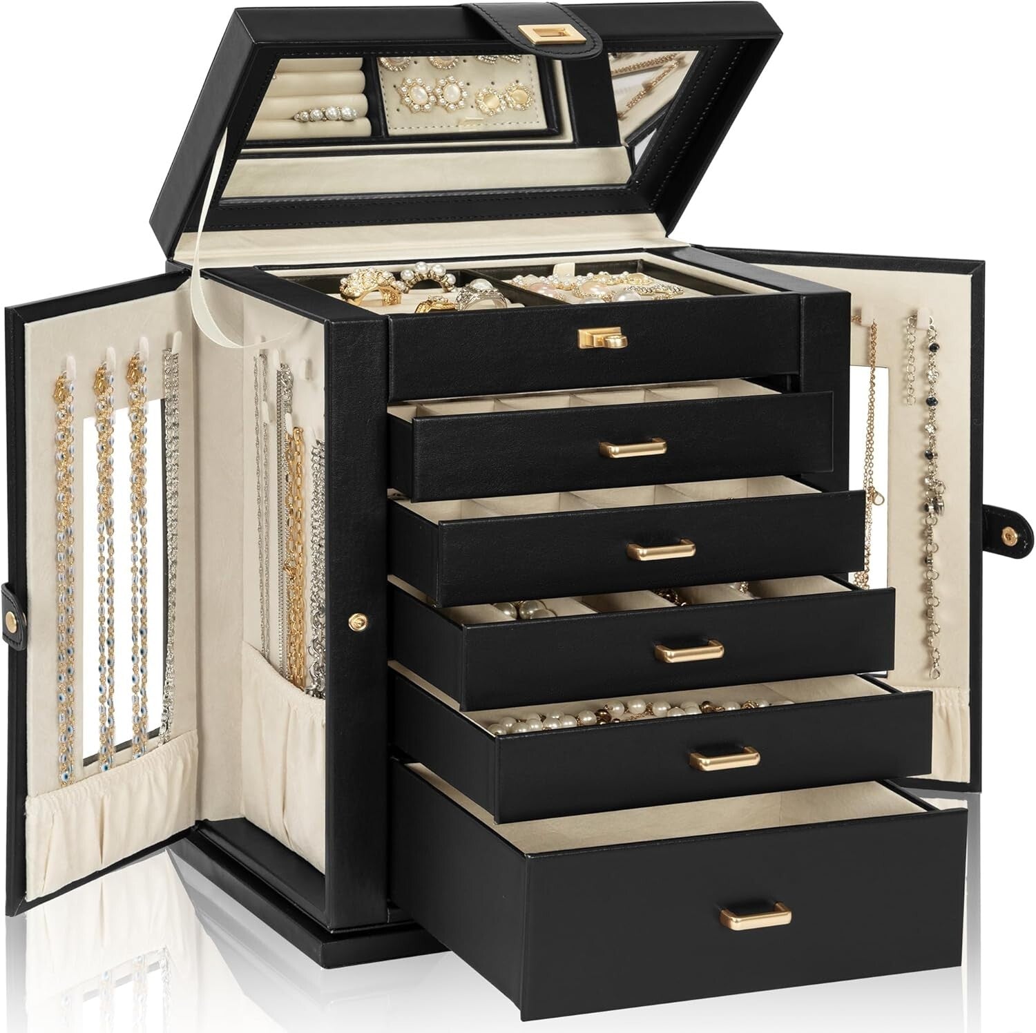 Elegant 360° Rotating Jewelry Box - 6-Tier Organizer with Large Mirror