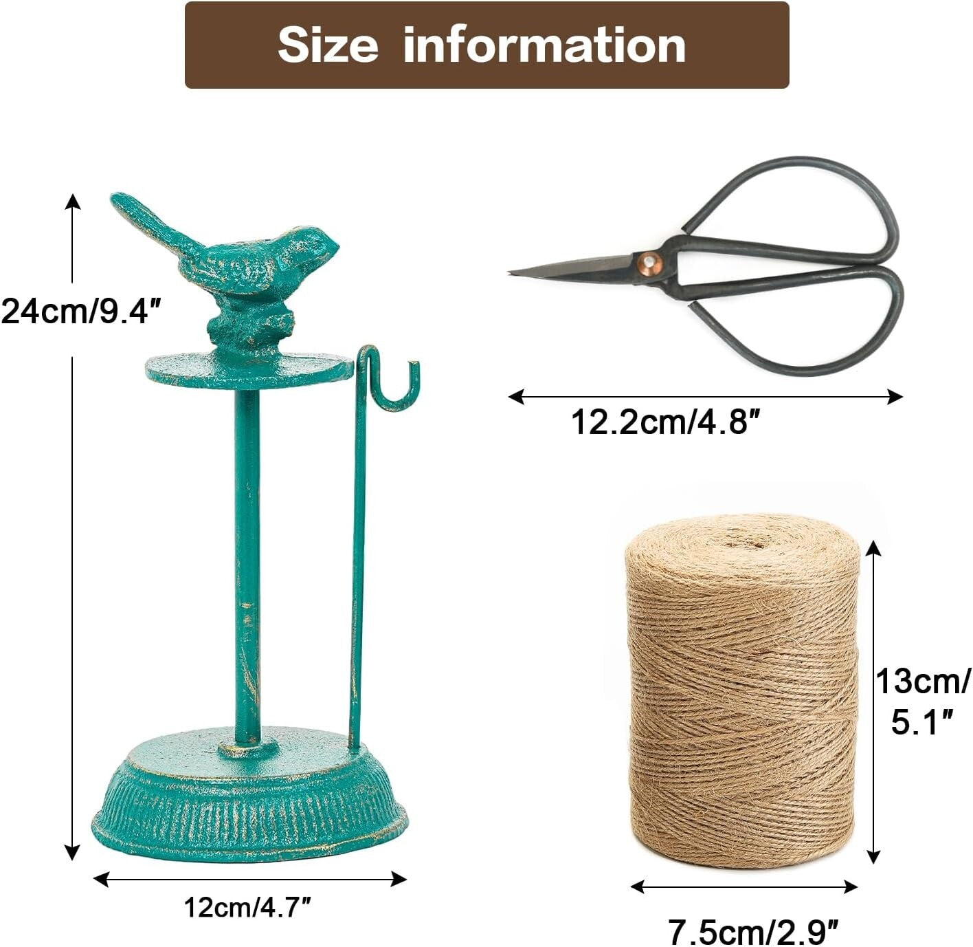 Decorative Cast Iron Twine Holder with 1300ft. Natural Jute String and Scissors