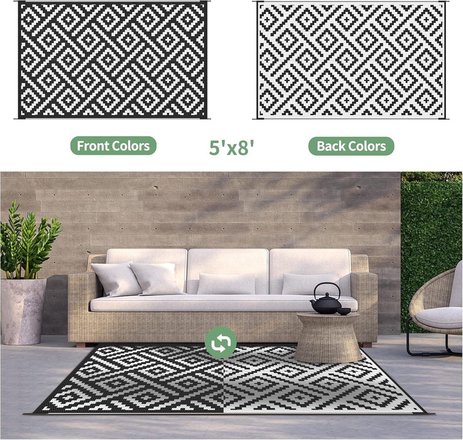 Black & White Geometric 5x8 Outdoor Area Rug - Durable Waterproof Solution