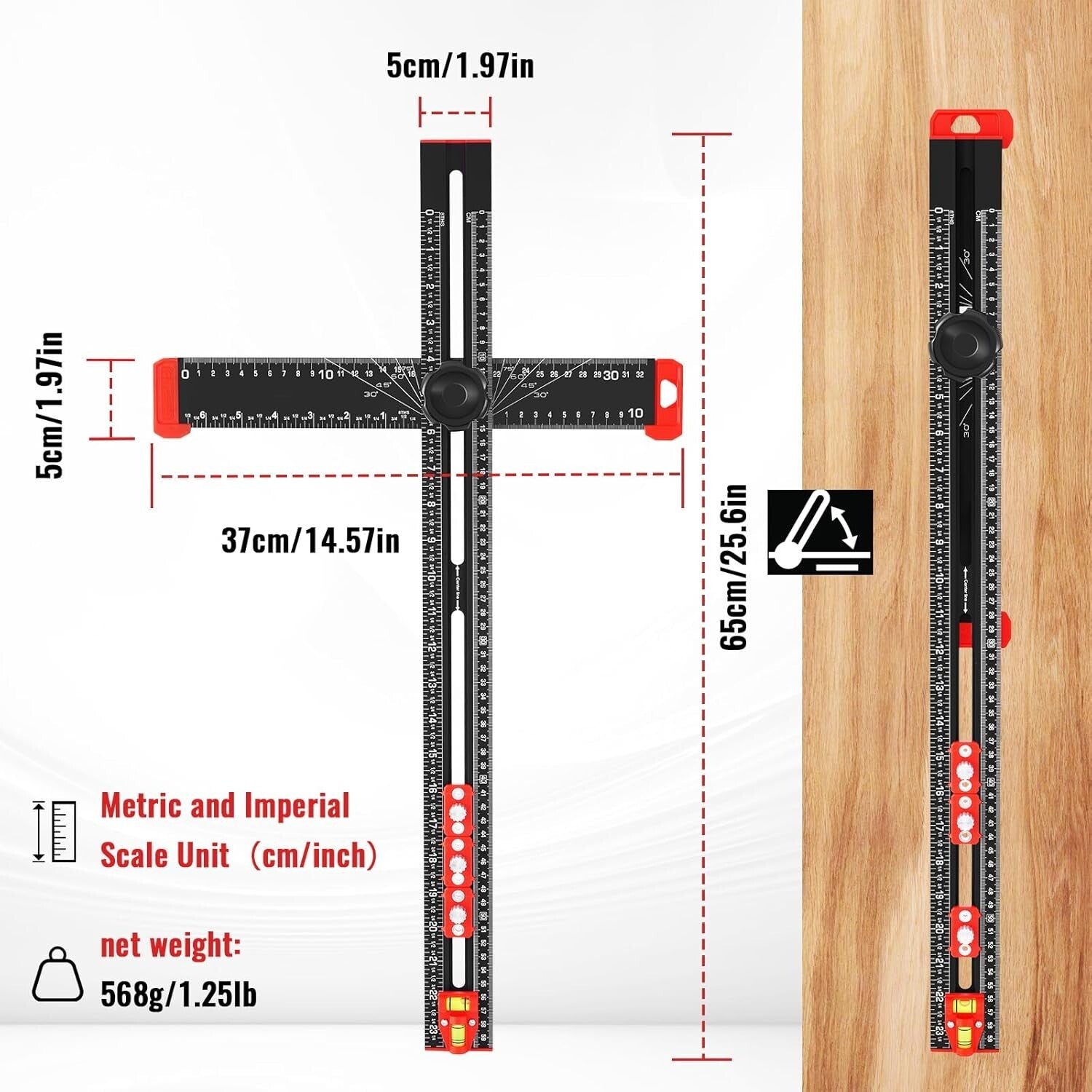 4-in-1 Adjustable T-Square Ruler - Precision Measuring Tool for Woodworking