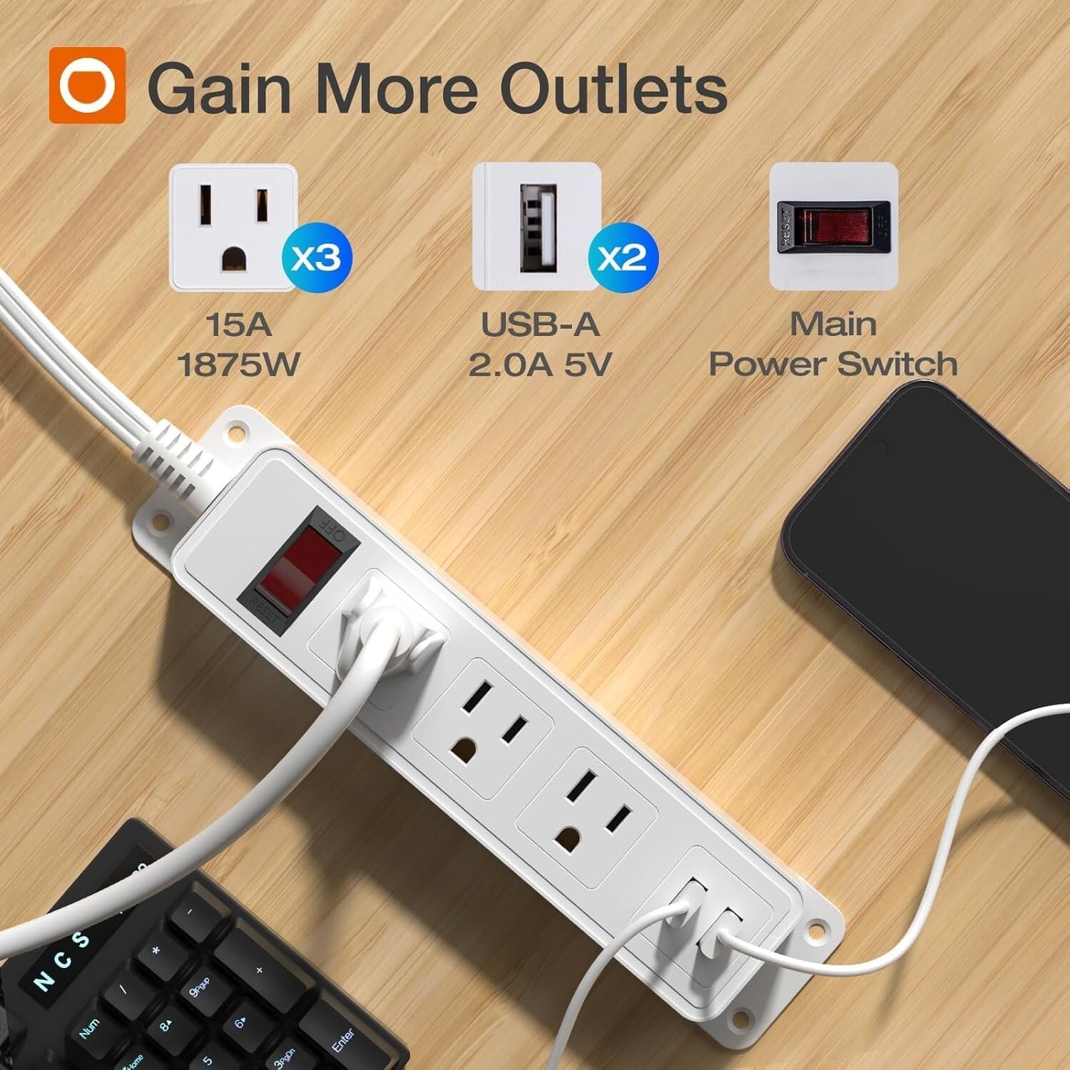Space-Saving 6FT Power Strip with 3 Outlets, 2 USB Ports, & Safety Clips - 2Pack