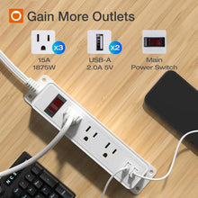Load image into Gallery viewer, Space-Saving 6FT Power Strip with 3 Outlets, 2 USB Ports, &amp; Safety Clips - 2Pack
