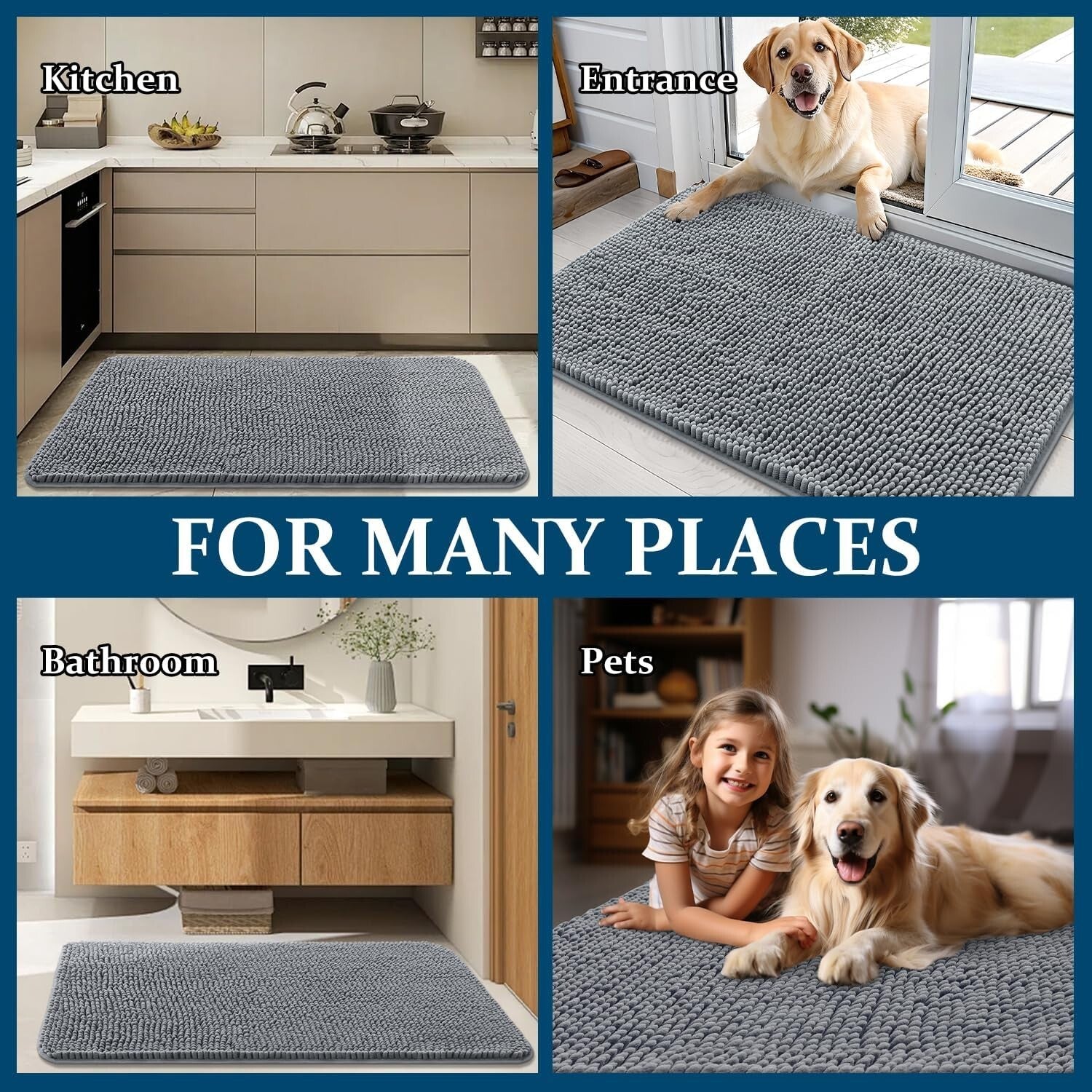 Indoor Entryway Dog Mat 40x32 - Soft Chenille, Dirt-Trapping, Grey Design