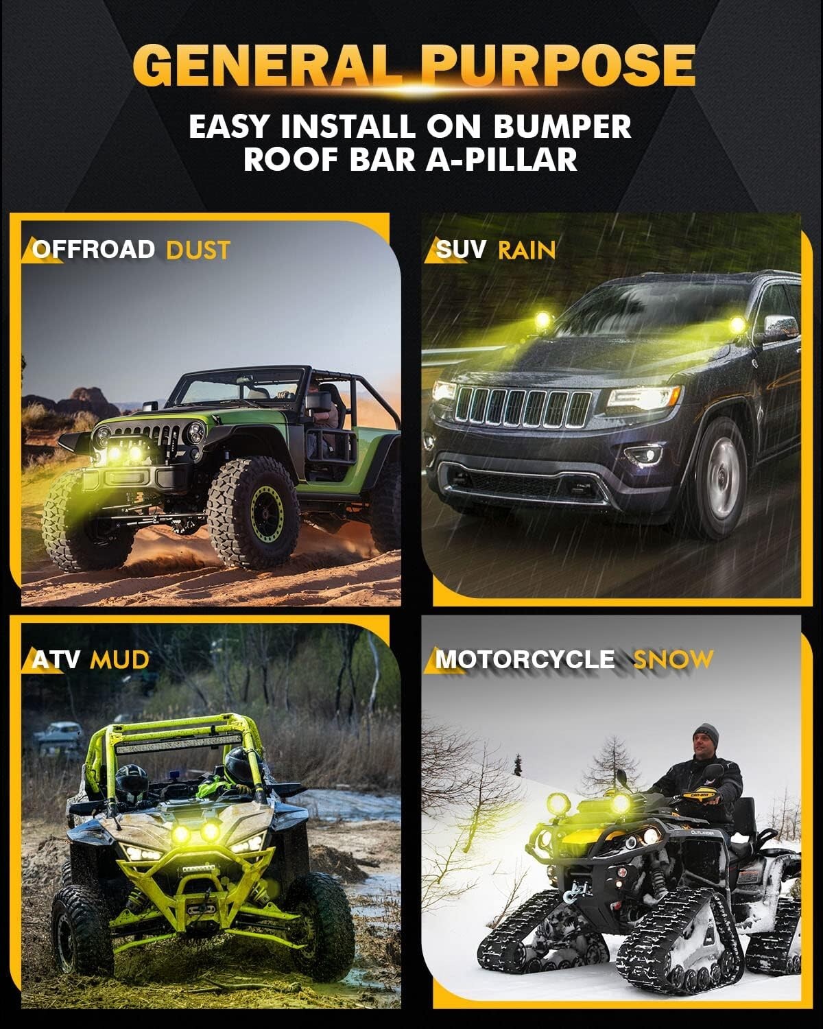 High-Performance 4-inch Amber LED Flood Lights with Adjustable Mounting Brackets