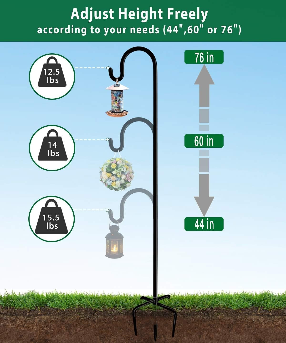 Adjustable Outdoor Shepherd Hook Stand, 5 Prong Base, 76 Inches Tall, 2 Packs