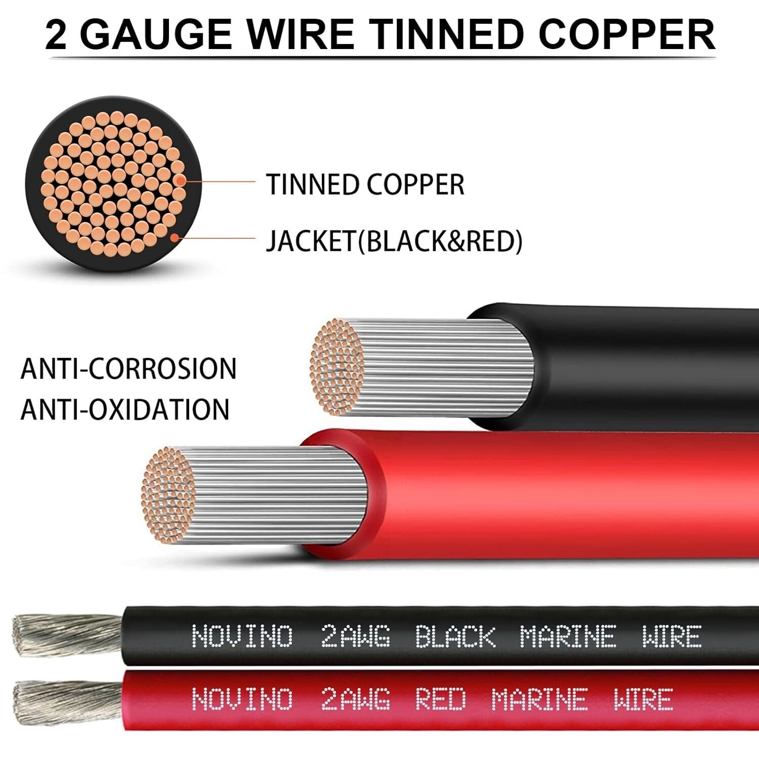 Oxygen-Free 2 Gauge Marine Wire - 40FT Waterproof Tinned Copper for Boats & RVs