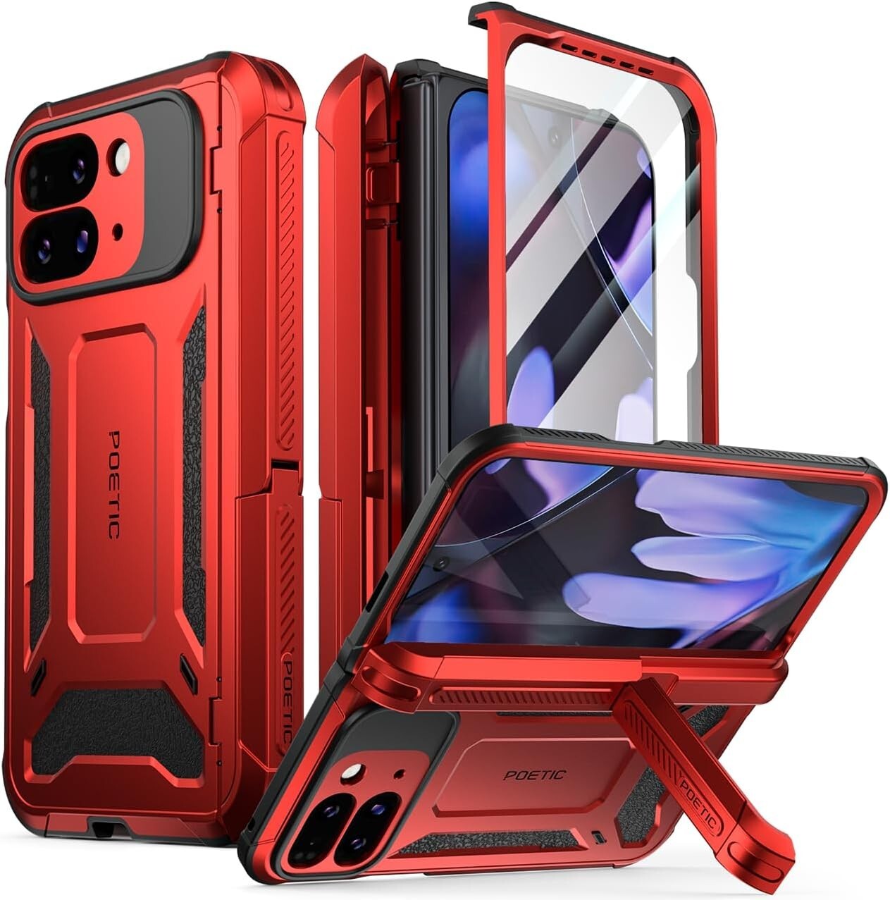Rugged Metallic Red Case for Google Pixel 9 Pro Fold with Kickstand & Protection