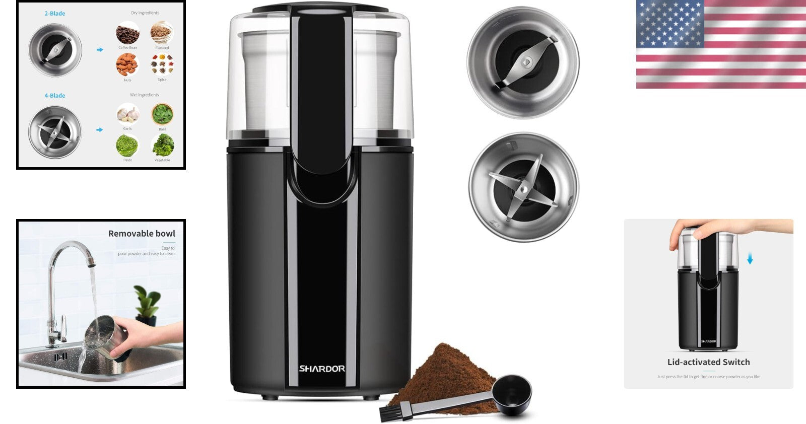 Versatile Electric Coffee & Spice Grinder with 2 Removable Stainless Steel Bowls
