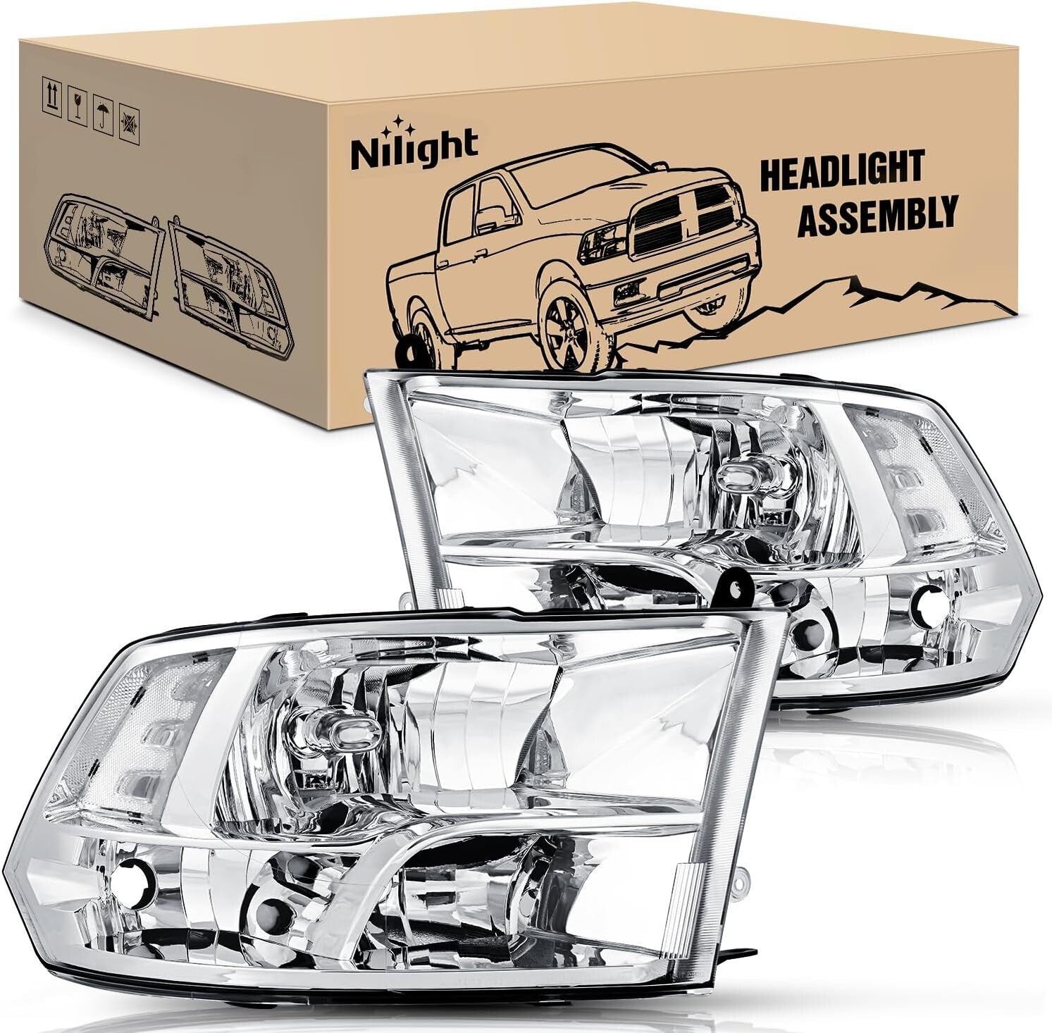 Chrome Headlight Assembly for 2009-2018 Dodge Ram 1500 2500 3500 - Quick Install