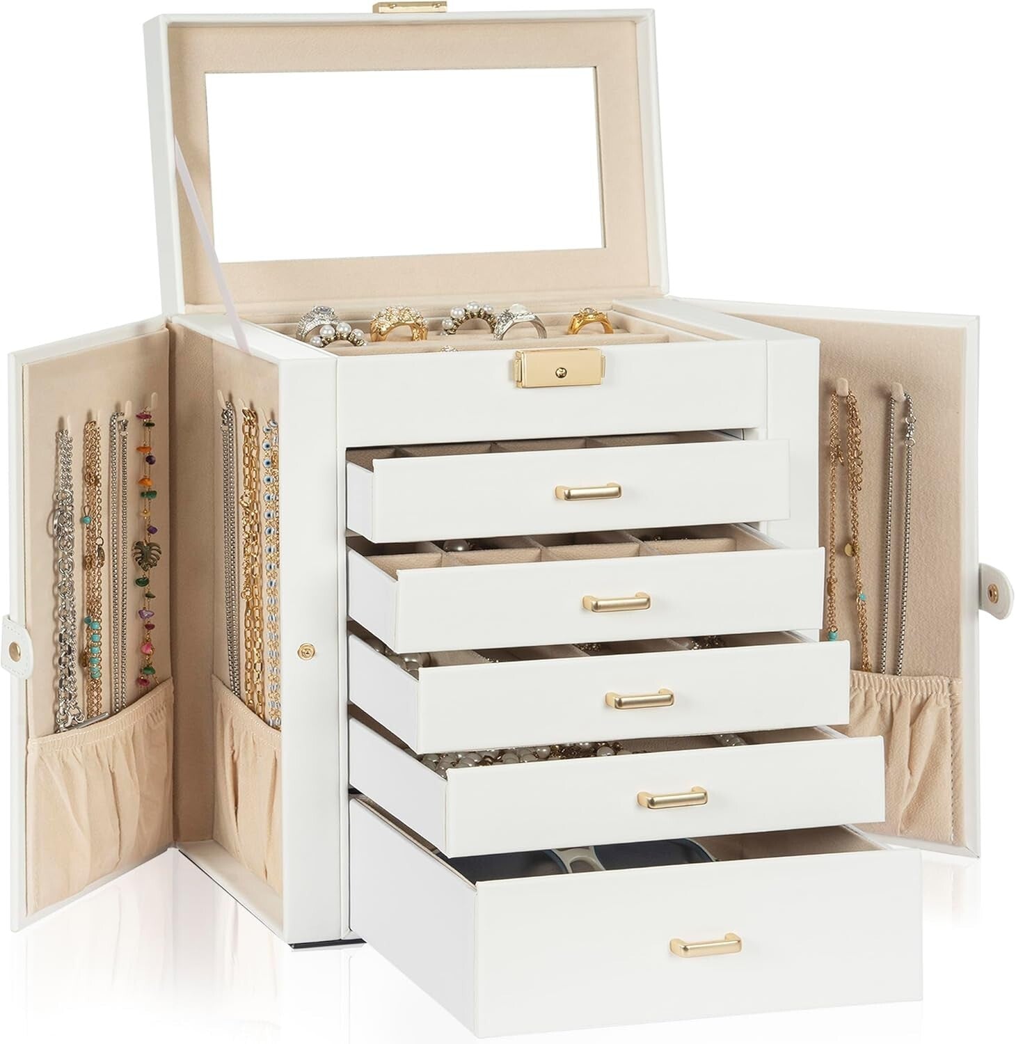Elegant 6-Tier Lockable Jewelry Box with Mirror - Perfect Storage for Women
