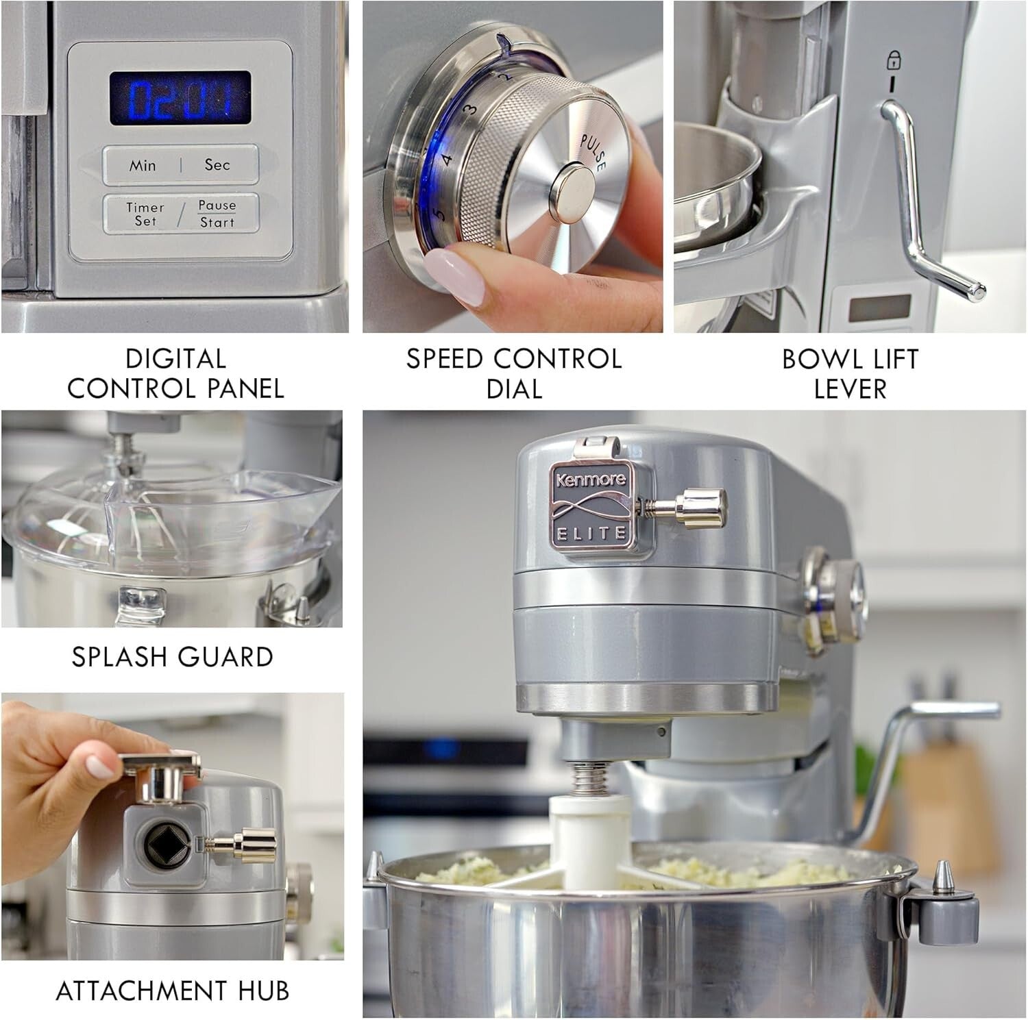 Elite 6 Qt Heavy-Duty Stand Mixer with 600W Power and LED Light - Metallic Grey