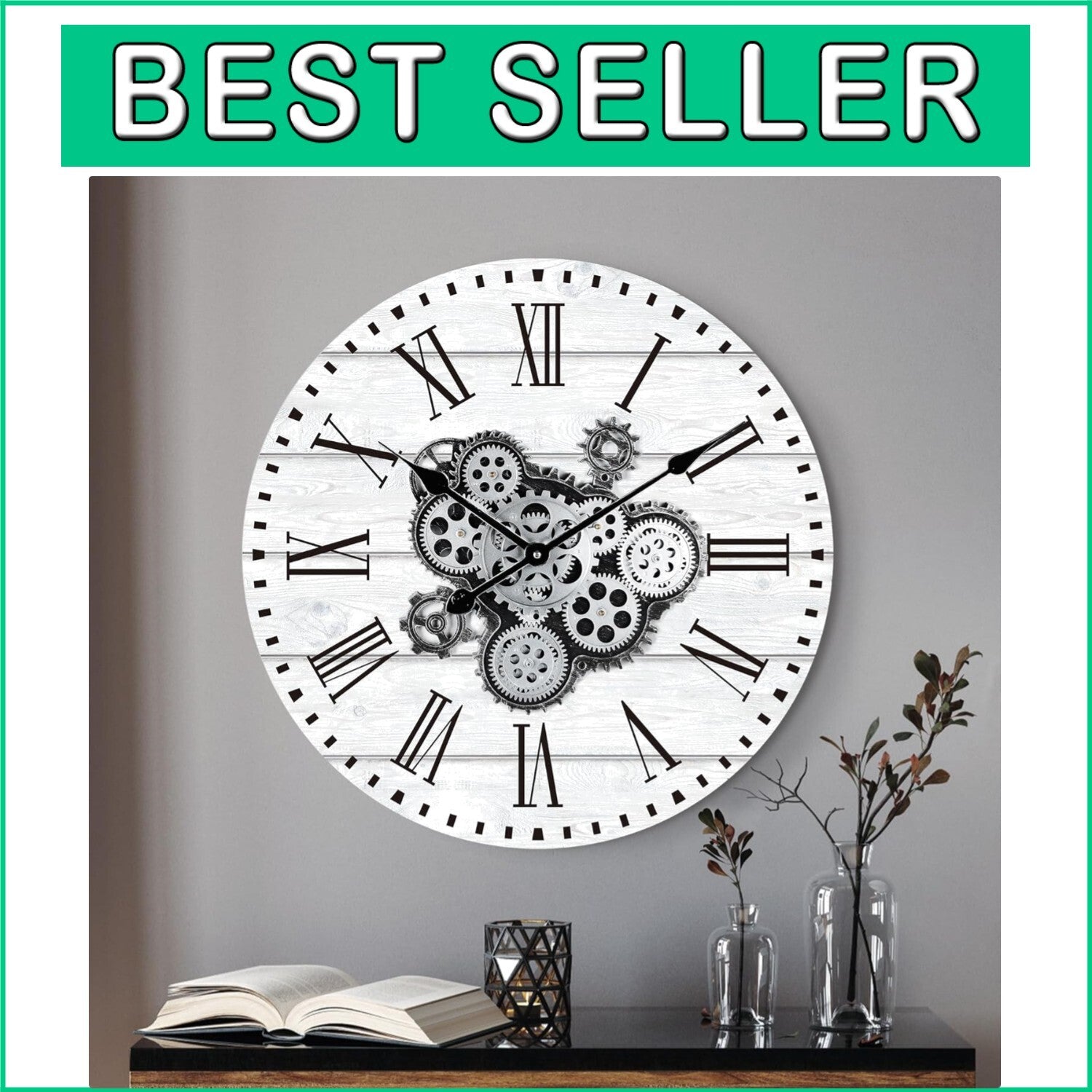 Battery Operated 23'' Wall Clock with Rotating Gears - Stylish Home Accent
