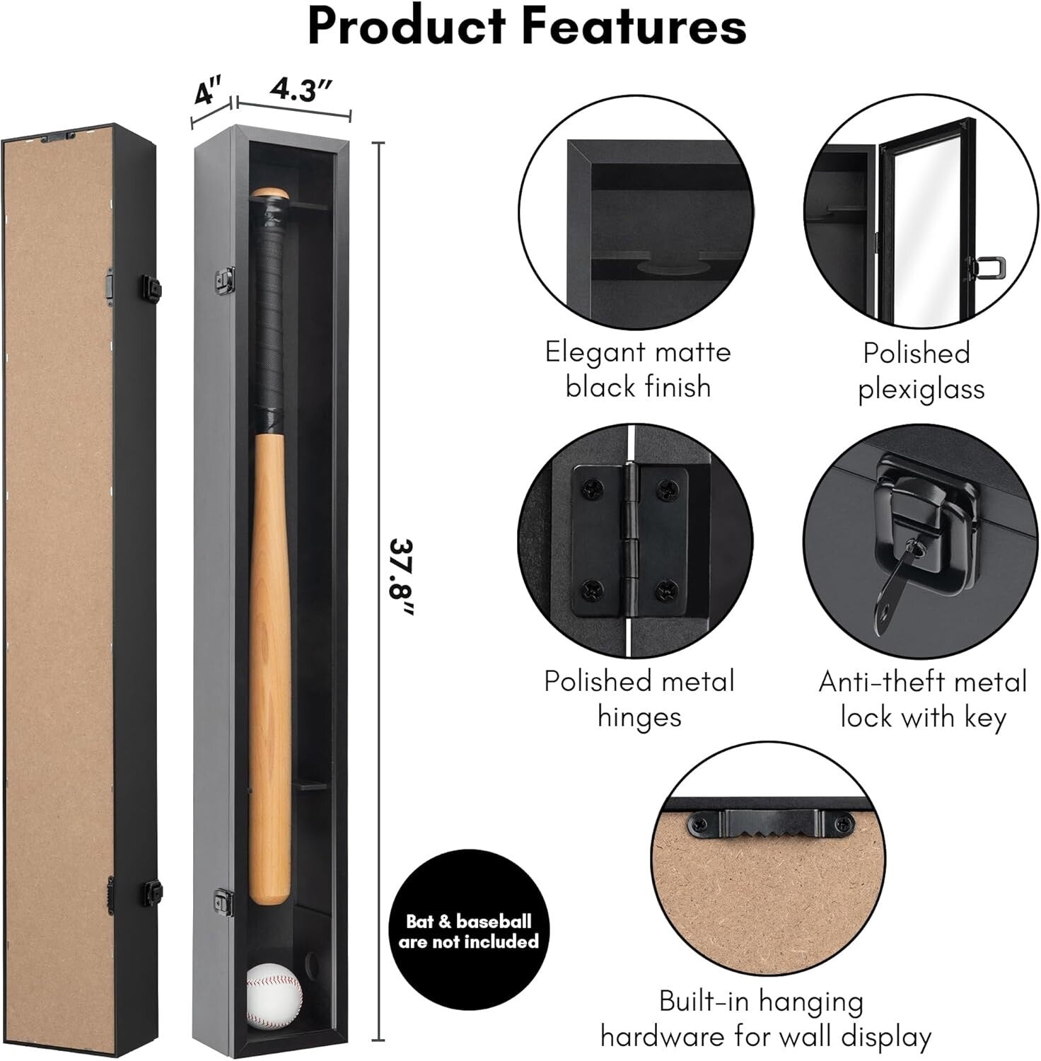 Durable Black Baseball Bat and Ball Display Case - 37.8x4.3 Inches Wall Frame