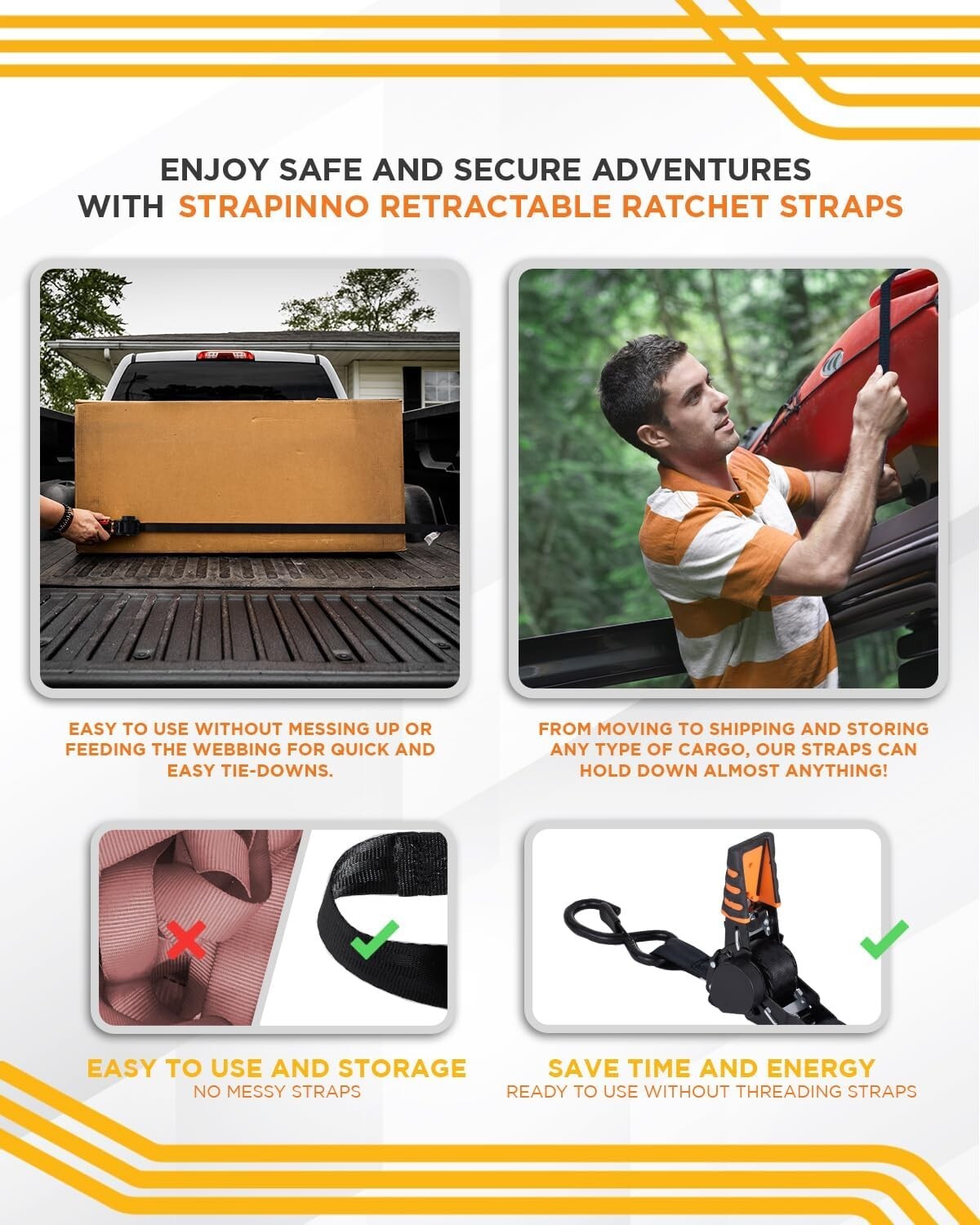 4-Piece Retractable Ratchet Straps Bundle - 1in x 6ft - 1,500LBS Strength