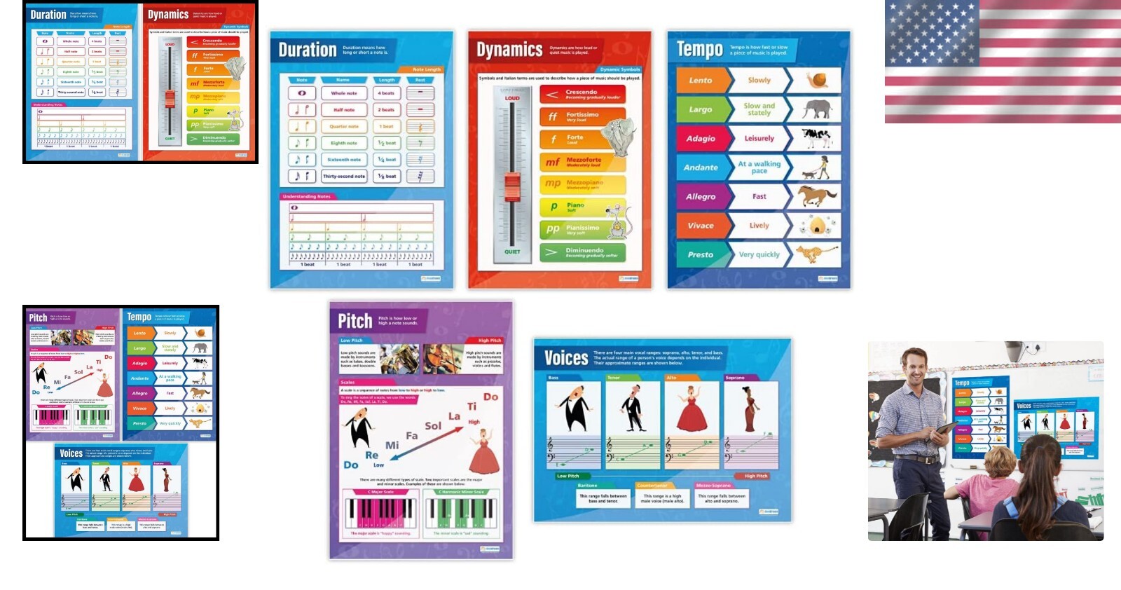 Set of 5 Extra Large Music Classroom Posters - 33.5” x 24” Educational Charts