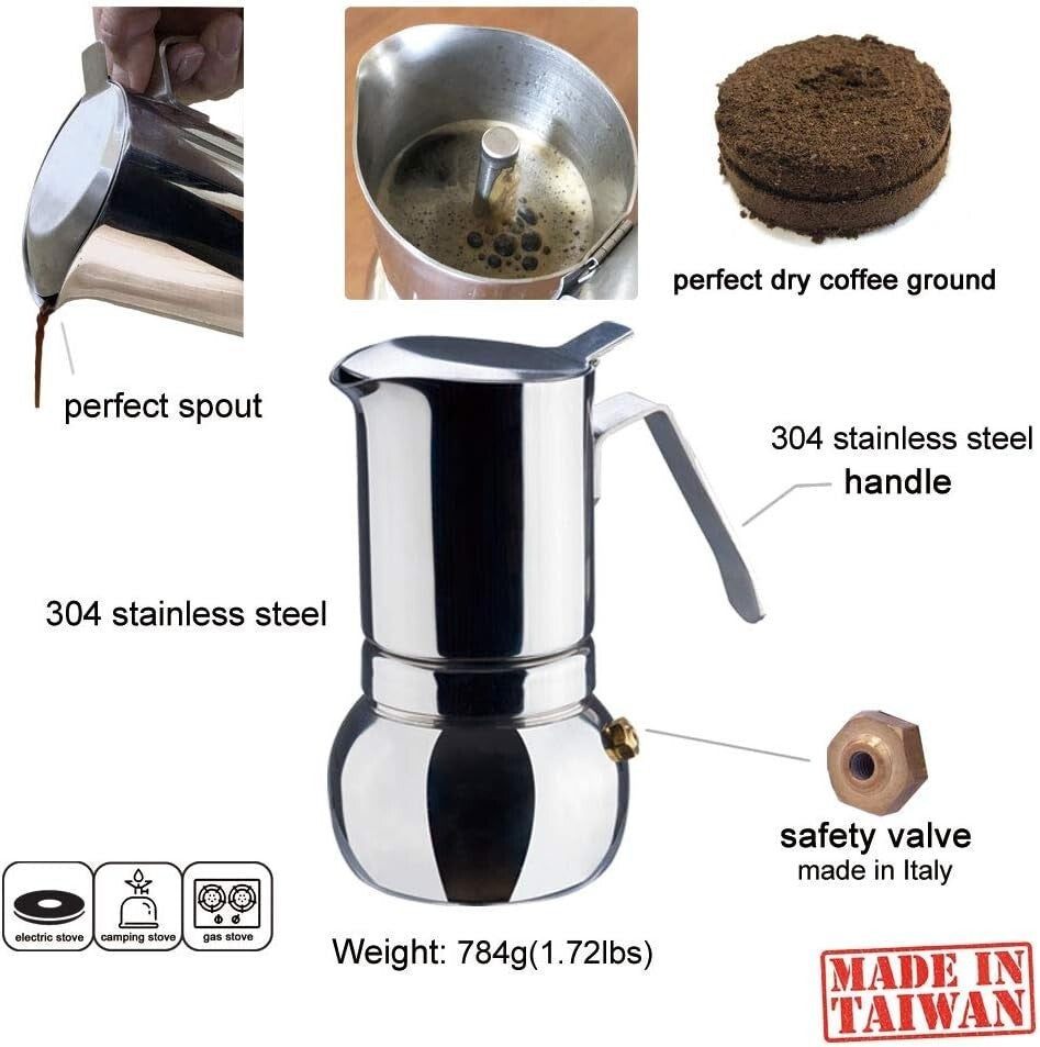 304 Stainless Steel Moka Pot - Manual Espresso Maker, 6 Cup Capacity, Easy Clean