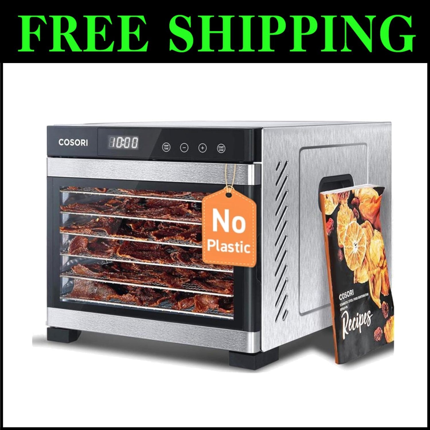 Large Capacity 600W Food Dehydrator with 6 Stainless Steel Trays, 48-Hour Timer
