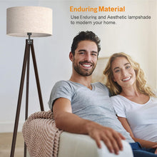 Load image into Gallery viewer, Mid Century Wood Tripod Floor Lamp with Linen Shade - Stylish Living Space Light
