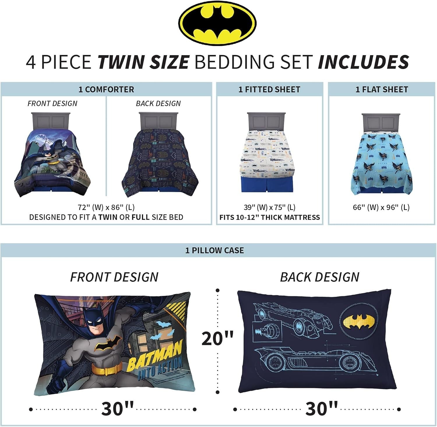 Dynamic Batman Kids Bedding Set - 4 Piece Twin Size Comforter and Sheets