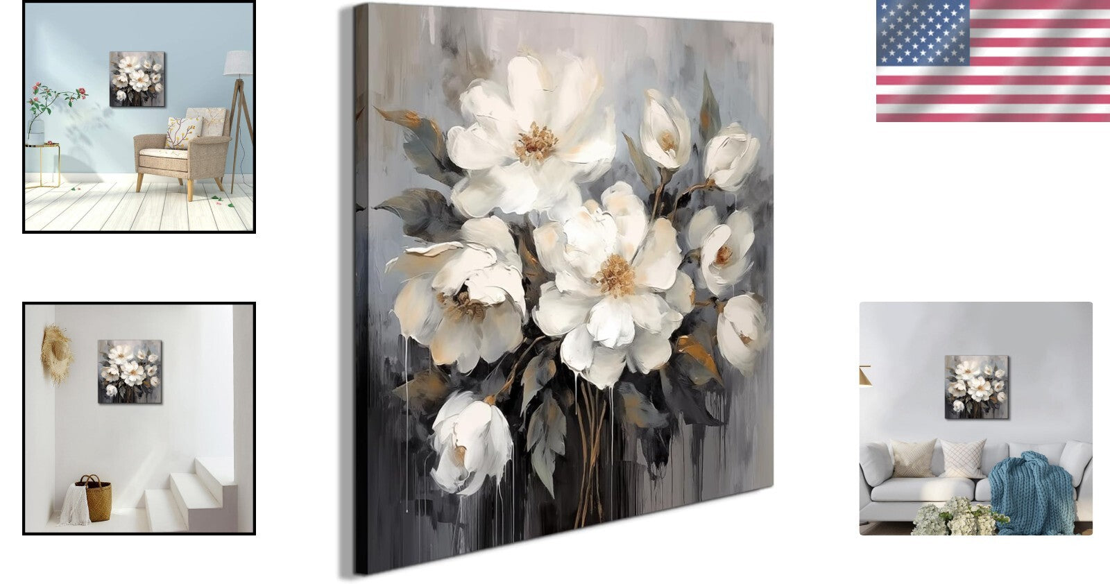 Elegant 24x24in White and Gray Flower Canvas Wall Art for Home Decor