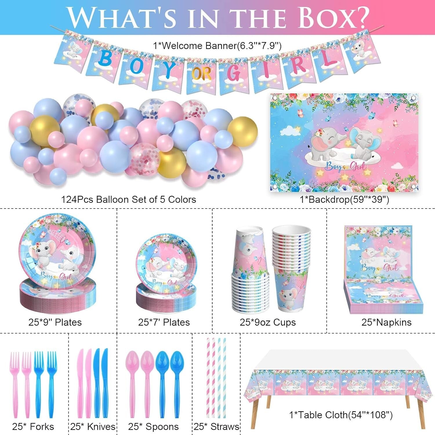 327Pcs Gender Reveal Party Supplies for 25 Guests – Elephant Theme Celebration