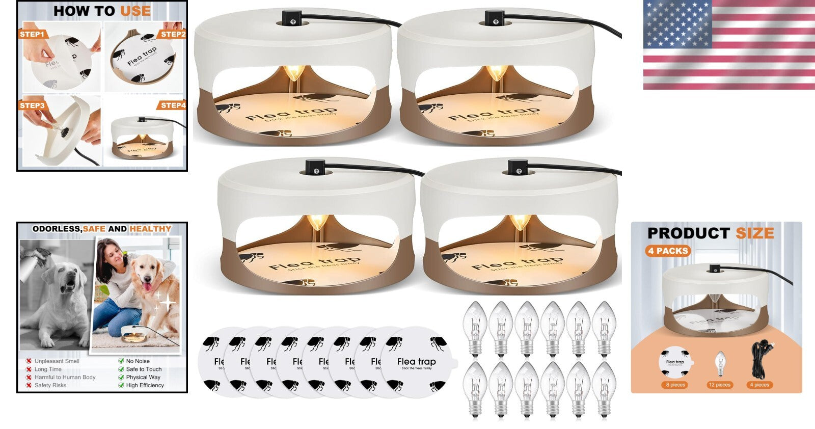 Durable Indoor Flea Light Trap Bundle - 4 Traps with UV Bulbs & Sticky Discs