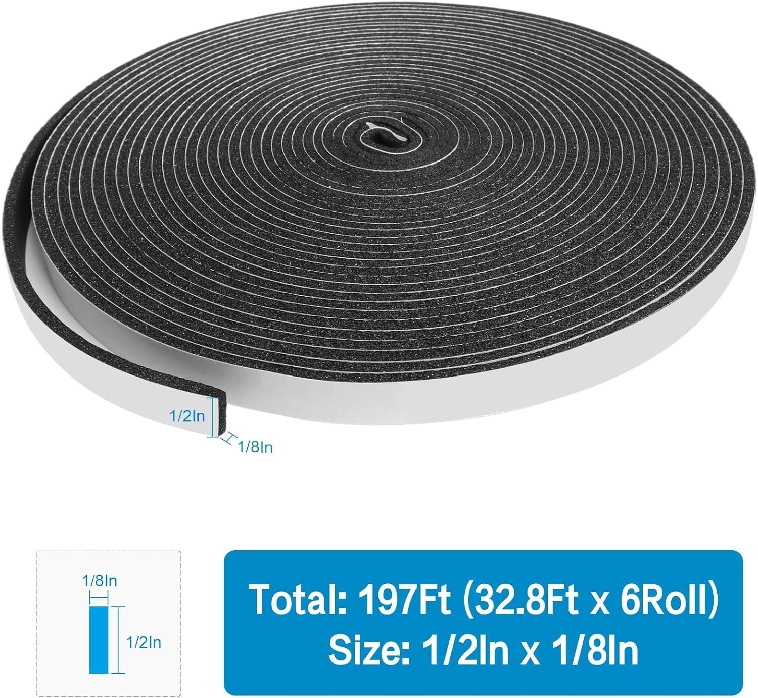 1/2in x 1/8in Foam Weather Stripping Door Seal for Noise and Draft Reduction