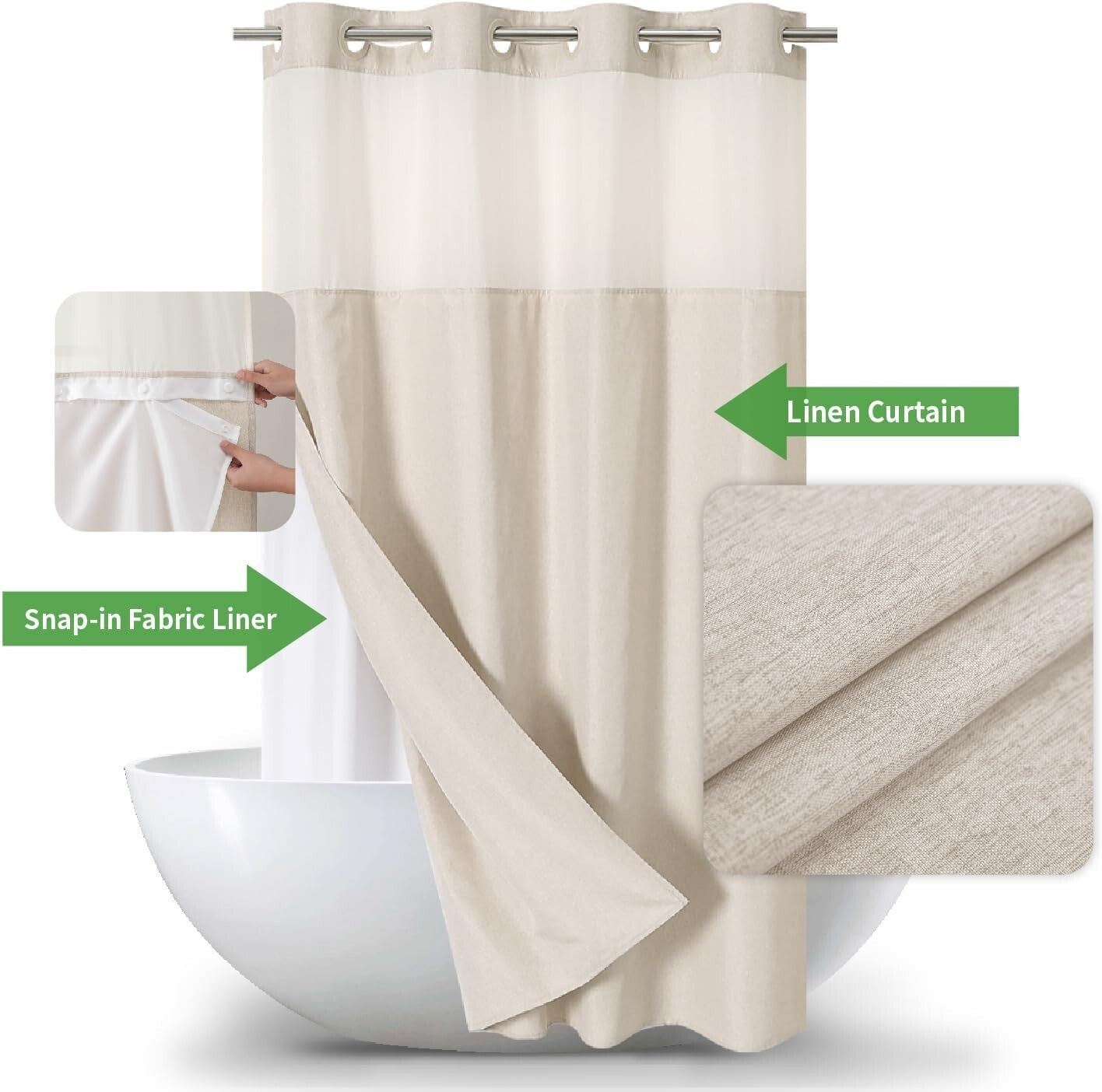 Luxury Linen Textured Waterproof Shower Curtain with Snap-in Liner Set, Cream