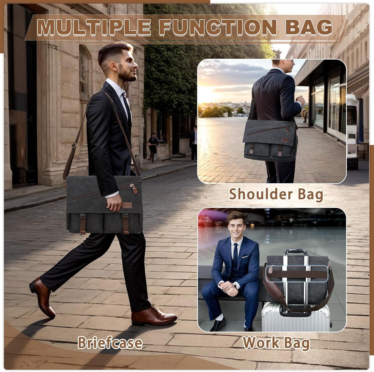 Water-Resistant Canvas Messenger Bag with Anti-Theft Design for 14-17" Laptops