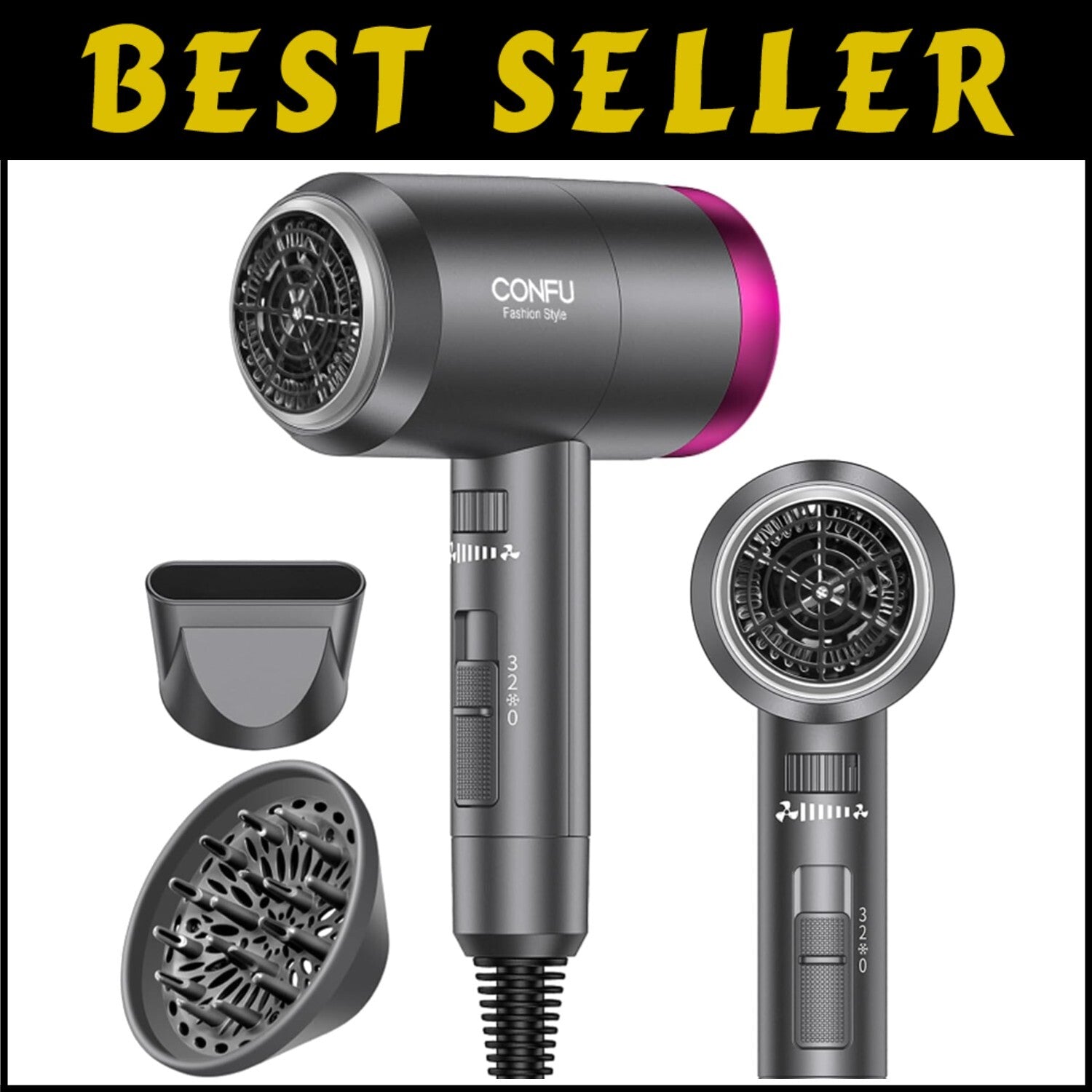 Ionic Blow Dryer 1600W - Portable Lightweight Hair Dryer with Diffuser & Nozzle