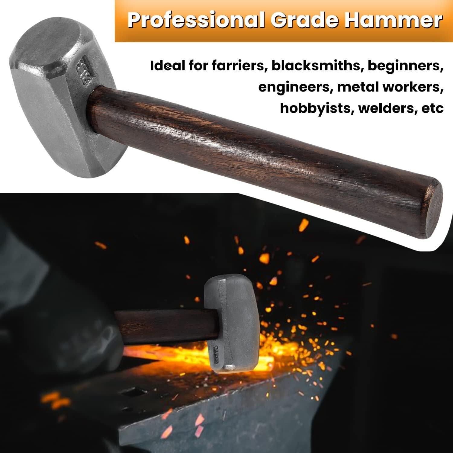 3lb Professional Blacksmith Hammer – Ergonomic Hickory Handle, Alloy Steel Head