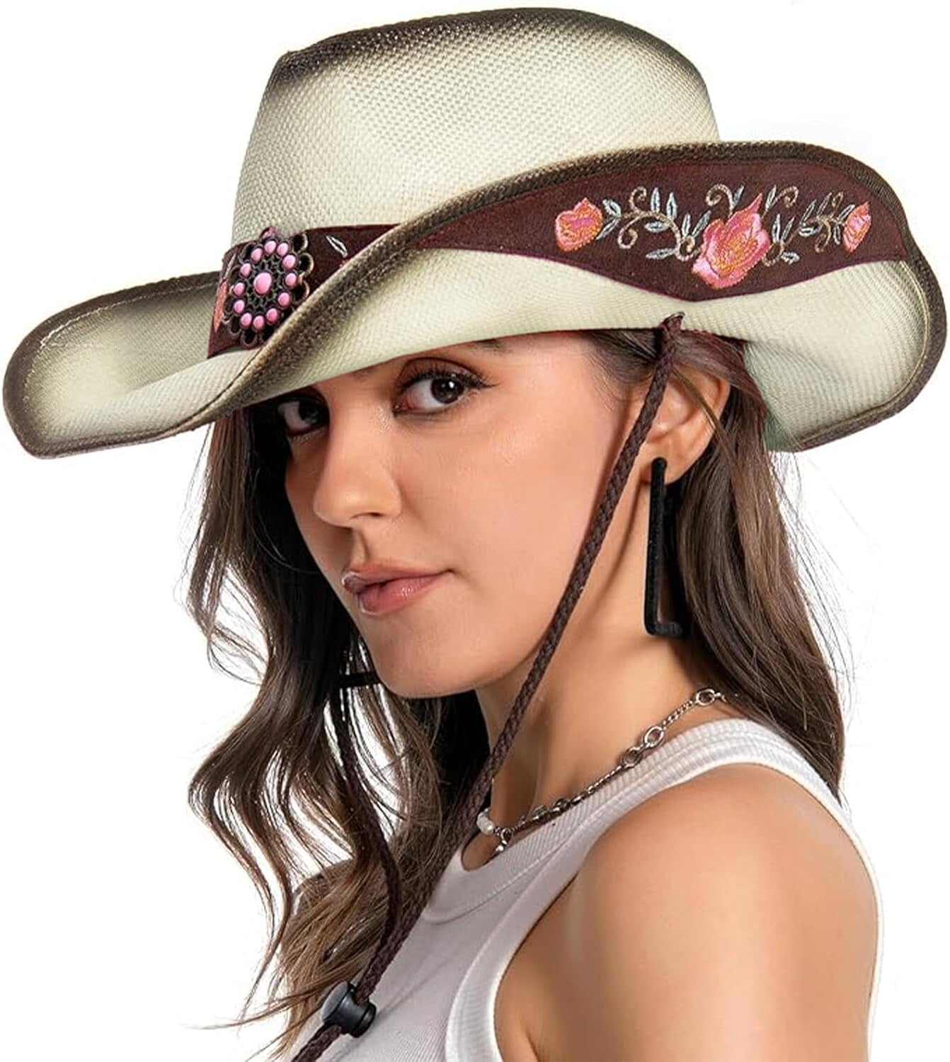 Handmade Peony Embroidered Straw Cowboy Hat for Women - Perfect for Festivals