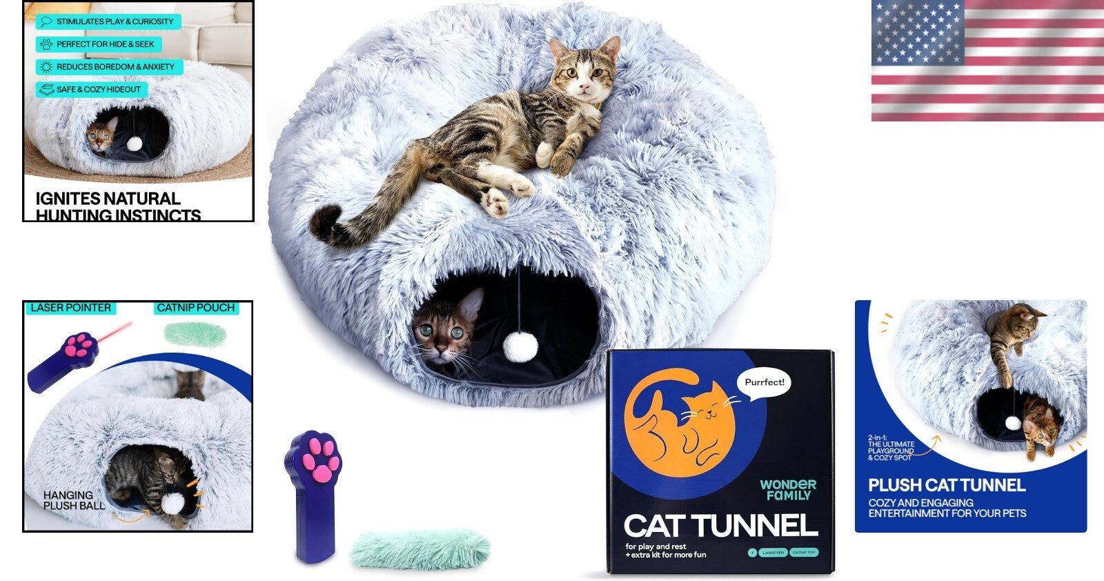 Interactive Cat Playground: Bed Cave with Tunnel, Ball & Laser Toy for Cats