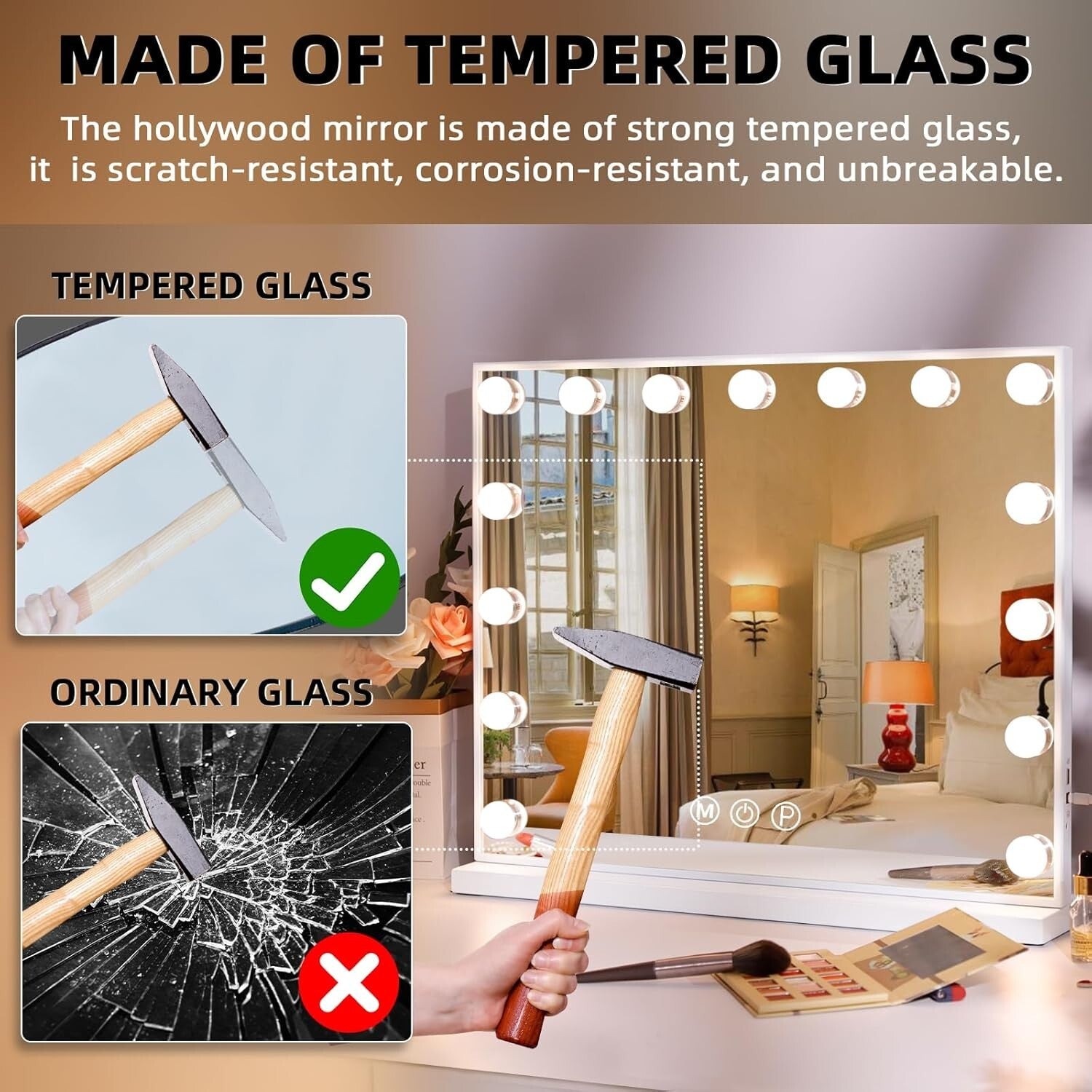 LED Lighted Makeup Mirror 22''x18'' with 10X Magnification & 3 Color Settings