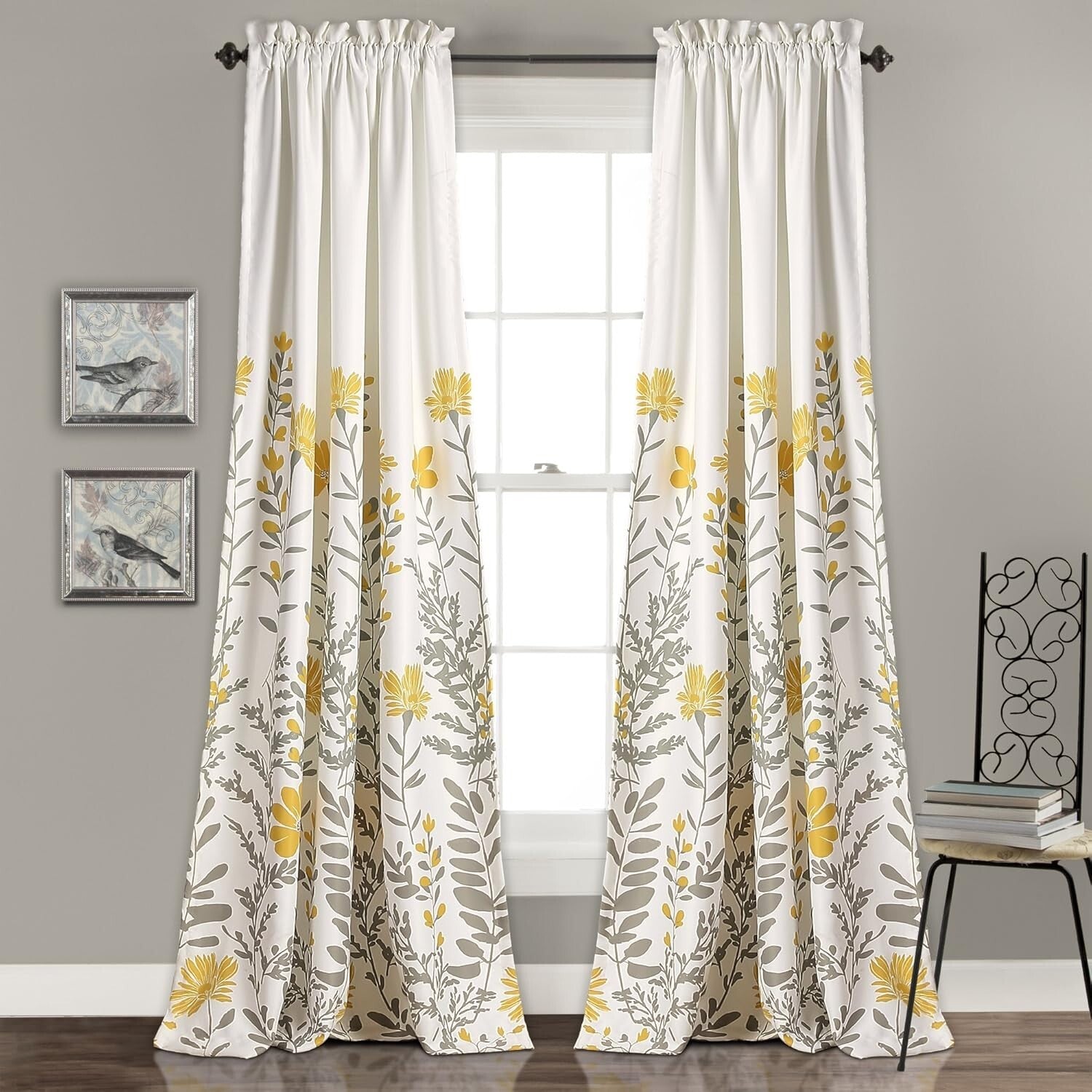 Elegant Yellow Floral Rod Pocket Curtains, Set of 2, 52"W x 84"L for Living Room