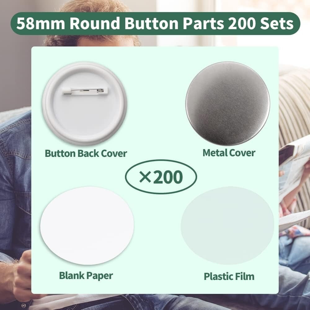58mm Round Badge Button Supplies - 200 Sets with Film & Blank Paper Included