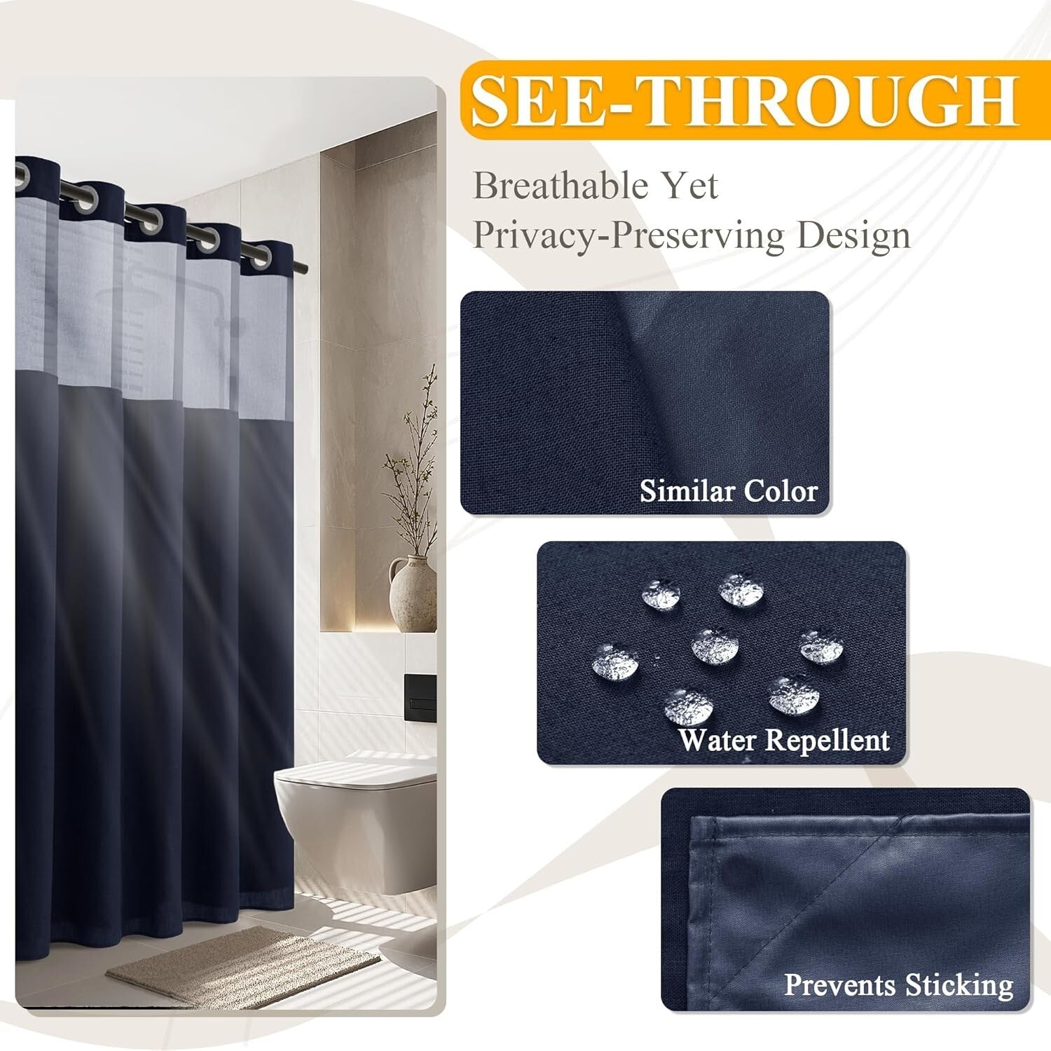 Elegant Navy Blue Shower Curtain with See-Through Top Window - Easy Installation