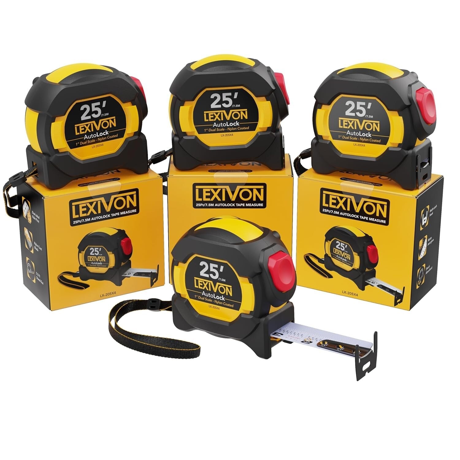 Durable Heavy Duty 25Ft AutoLock Measuring Tape - Set of 4 with Easy Read Scale