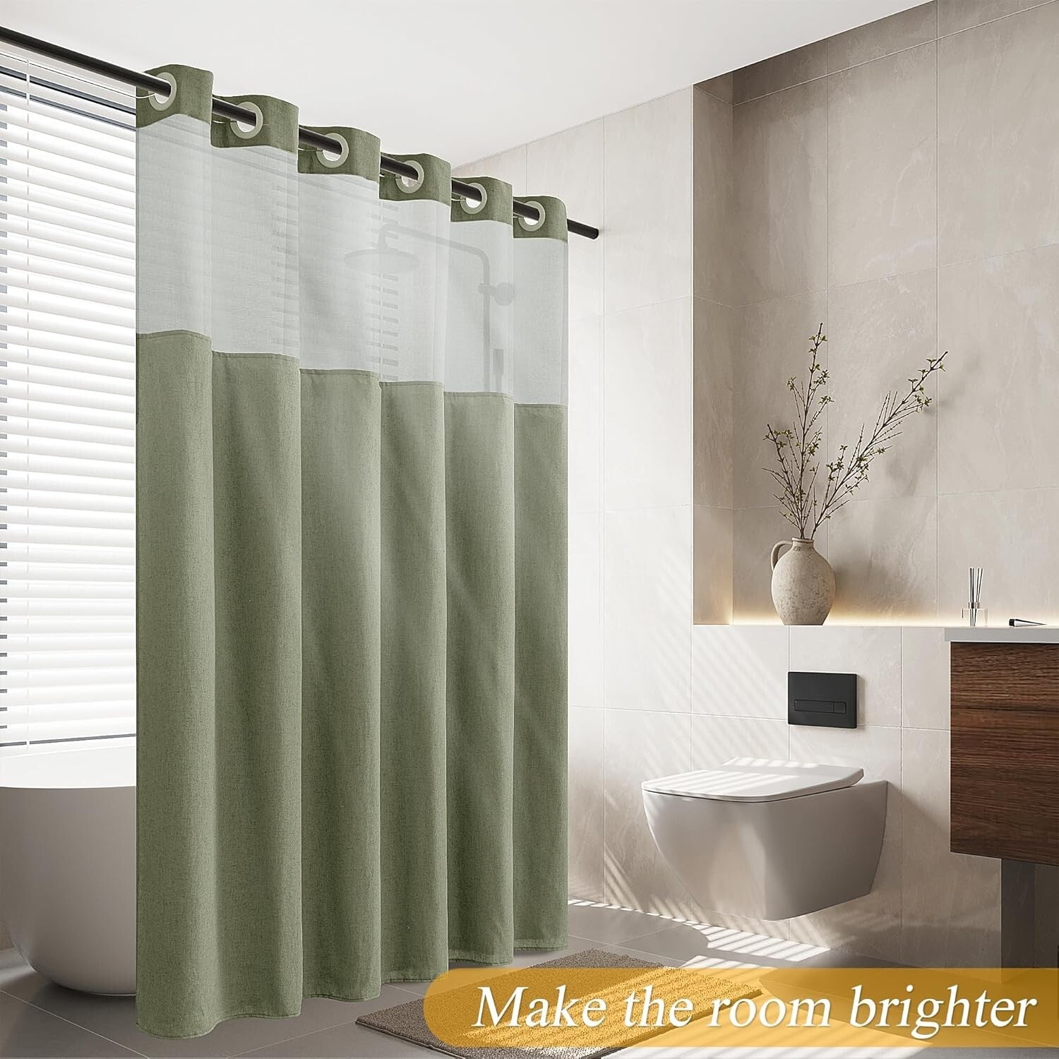 Chic Sage Green Shower Curtain 72x75 - No Hooks, Water-Repellent with Snap Liner