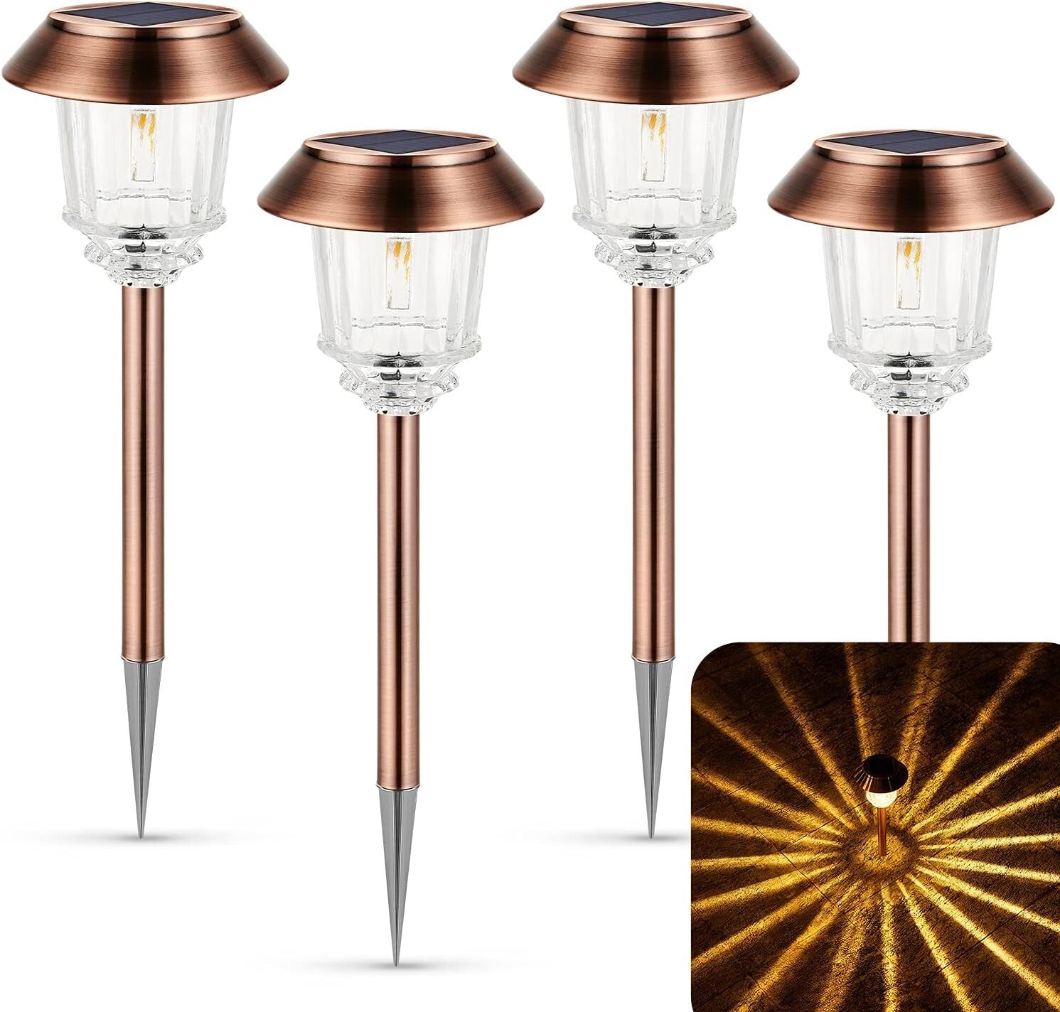Dimmable 4 Pack Solar Path Lights with 360° Shatterproof Glass in Copper Finish