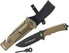 Load image into Gallery viewer, Versatile Brown Rubber Handle Bowie Knife with Firestarter &amp; Cord Cutter, 4.25"