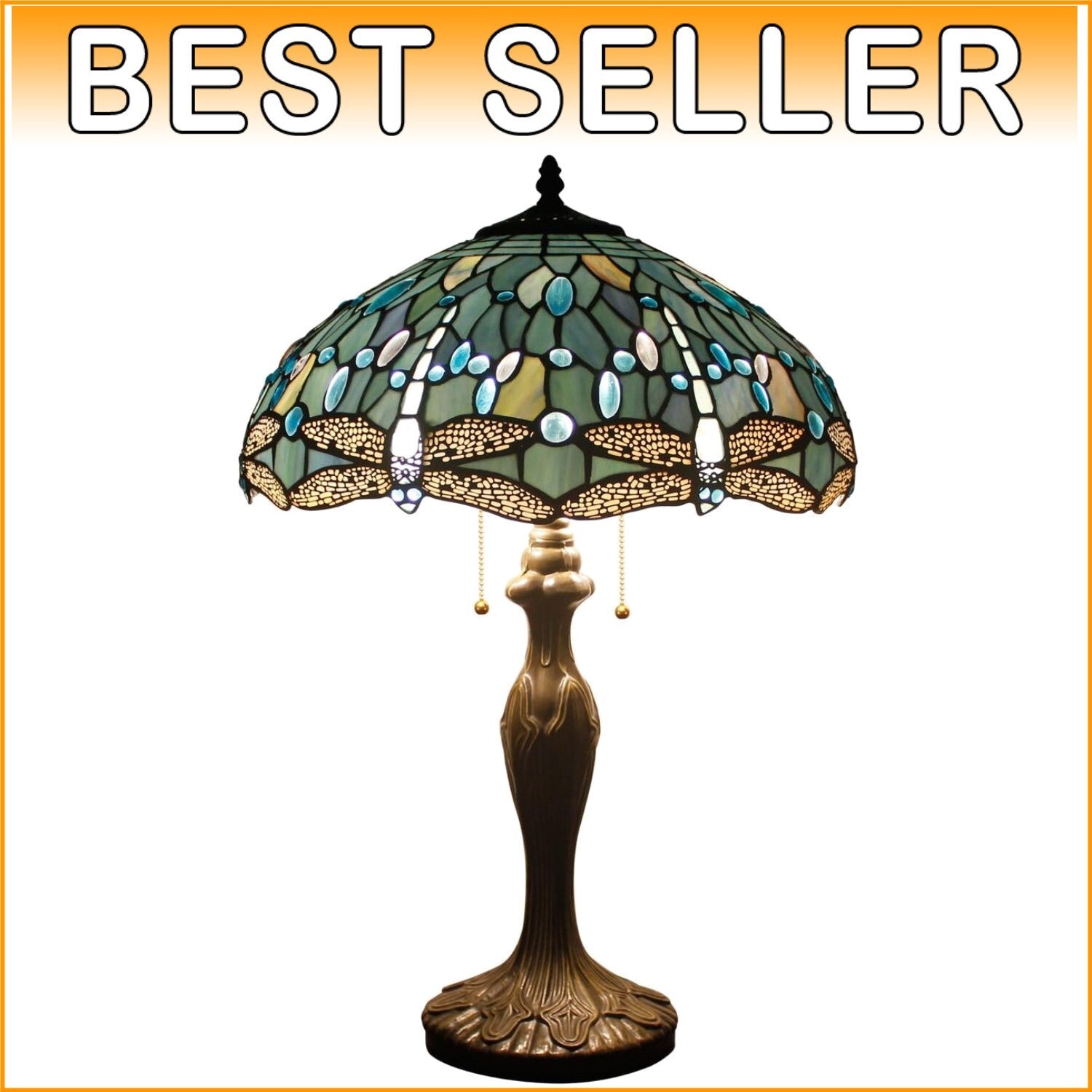 Antique Bronze Dragonfly Tiffany Lamp - Sea Blue Stained Glass Shade 16x24"