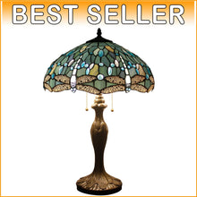 Load image into Gallery viewer, Antique Bronze Dragonfly Tiffany Lamp - Sea Blue Stained Glass Shade 16x24"