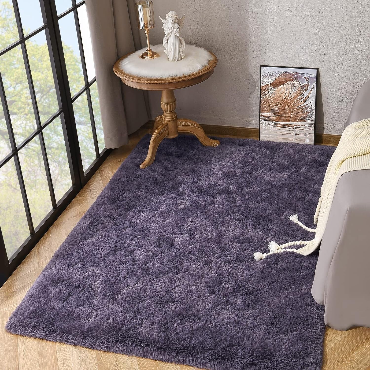 Fluffy 10x12 Gray Purple Area Rug - Non-Slip Carpet for Living Room & Bedroom