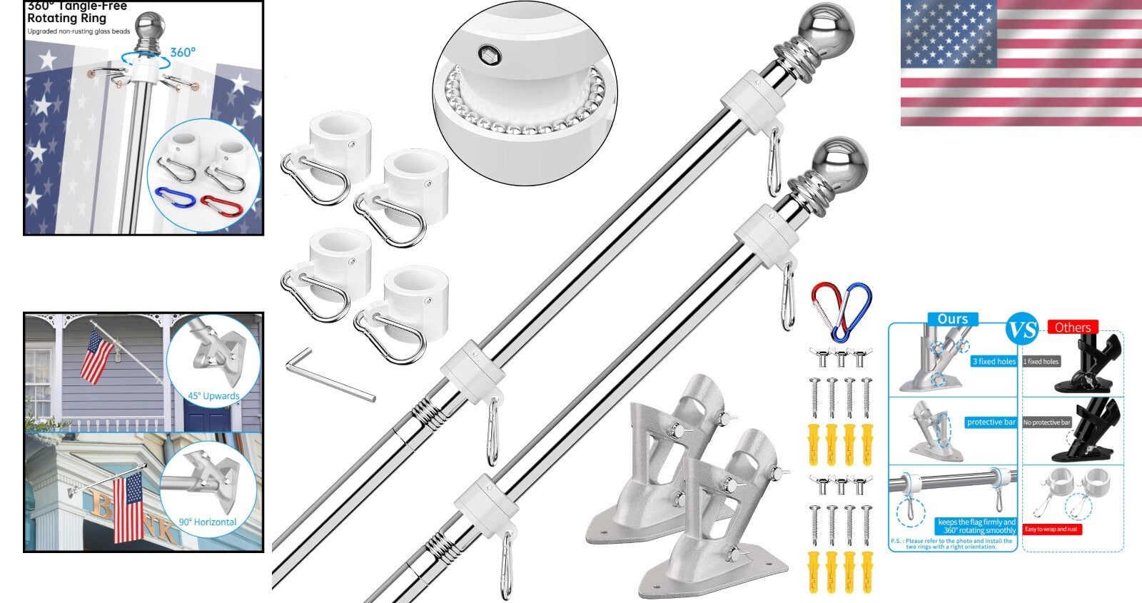 2-Pack Adjustable 6 FT Flag Poles with Rust-Free Bracket for Homes & Businesses