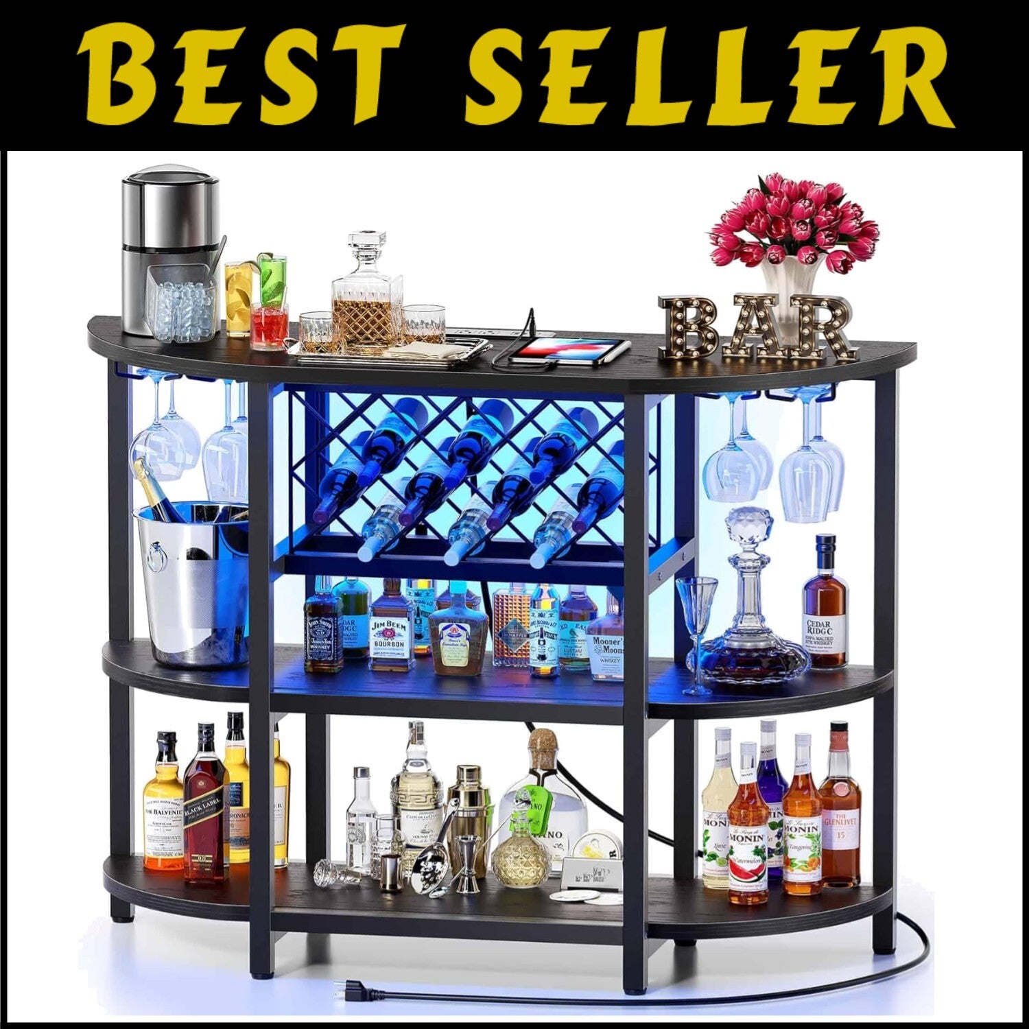 Compact Black Mini Bar Cabinet with RGB Lights and Built-in Charging Station